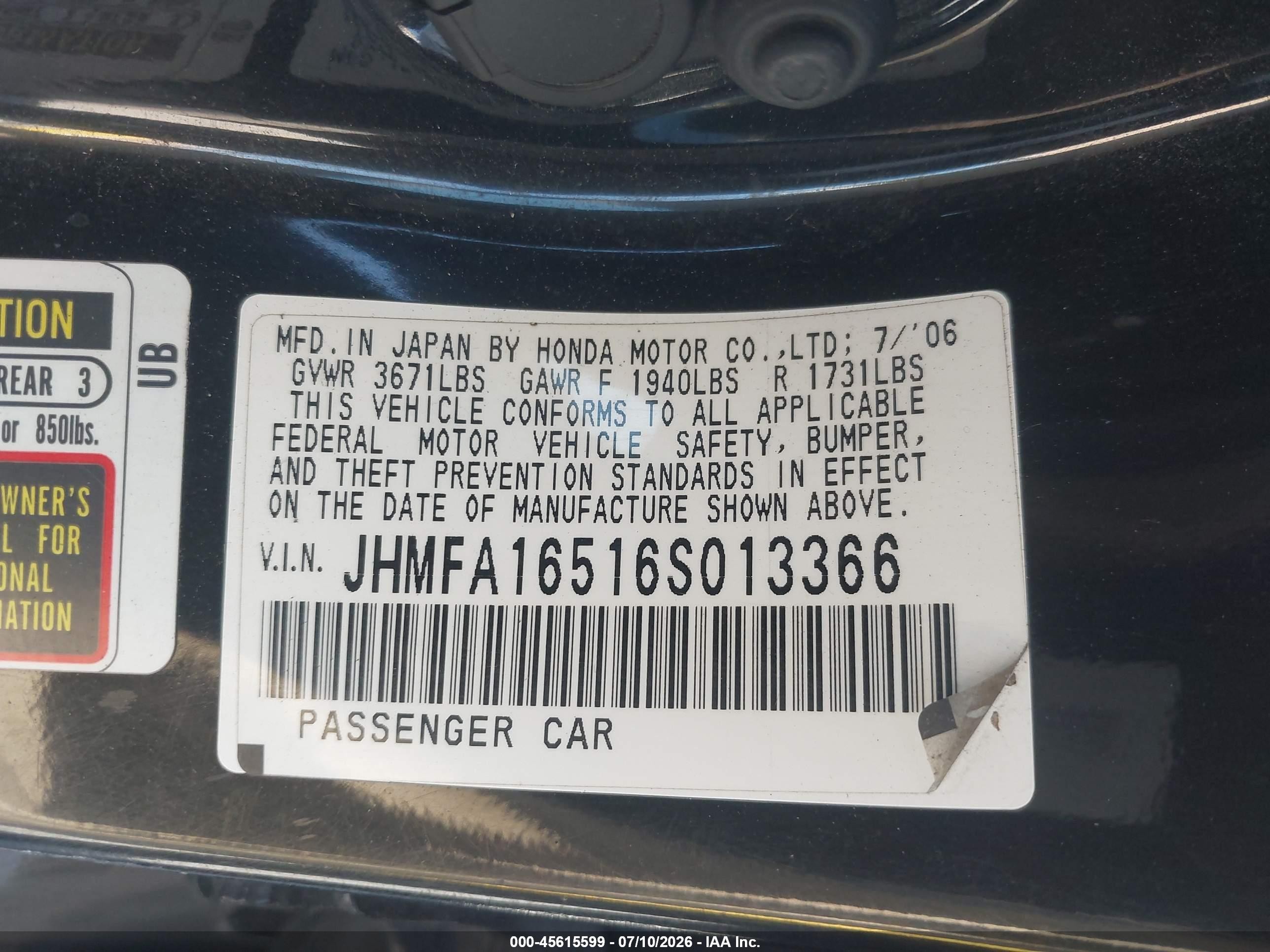 2006 Honda Civic Lx Black vin: JHMFA16516S013366