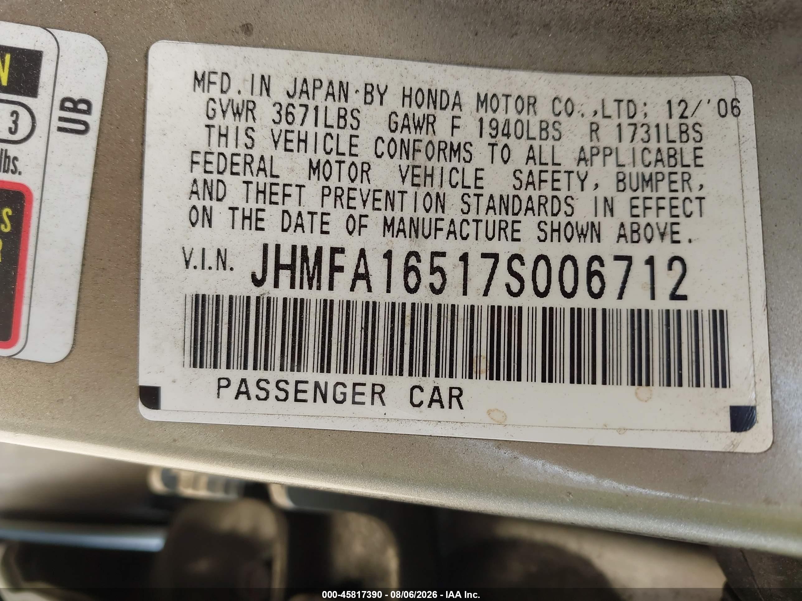 2007 Honda Civic Lx Beige vin: JHMFA16517S006712