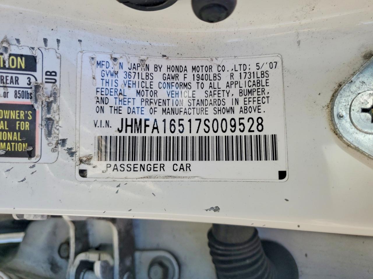 2007 Honda Civic Lx White vin: JHMFA16517S009528
