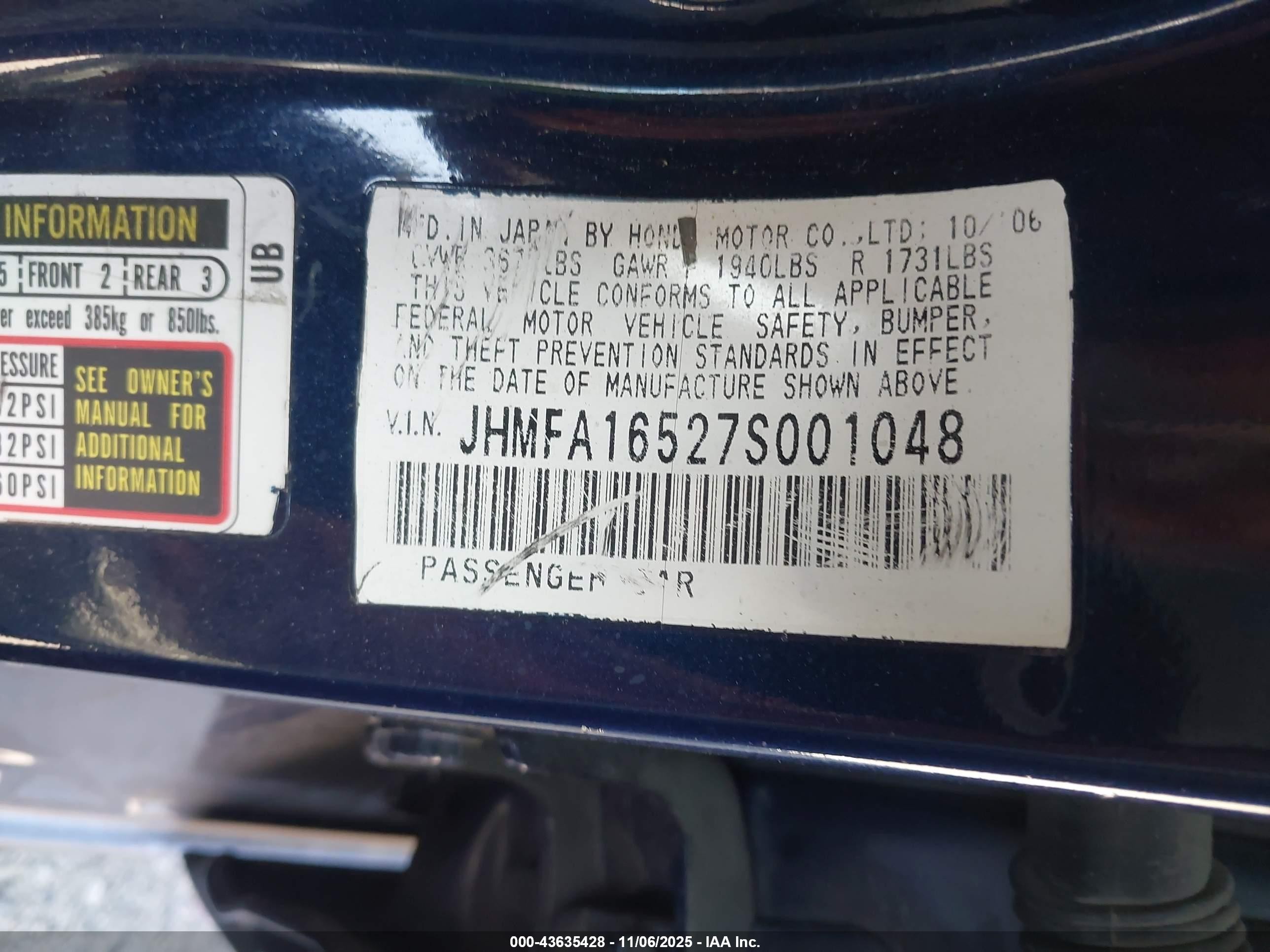 2007 Honda Civic Lx Blue vin: JHMFA16527S001048