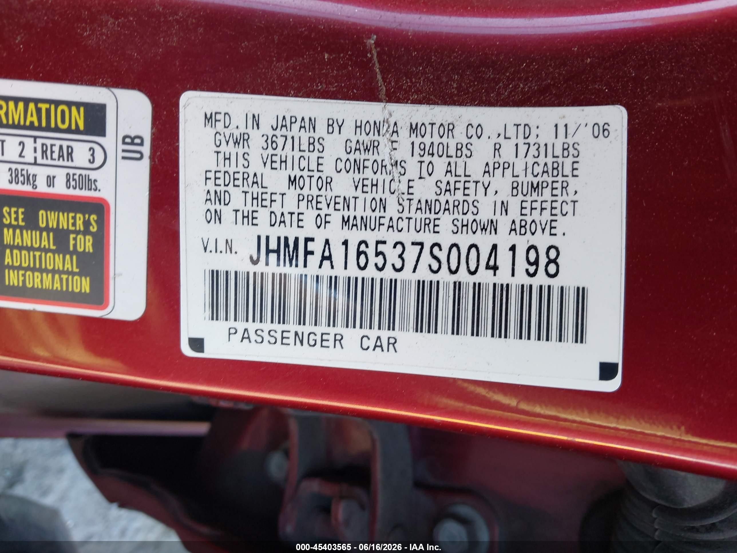 2007 Honda Civic Lx Red vin: JHMFA16537S004198