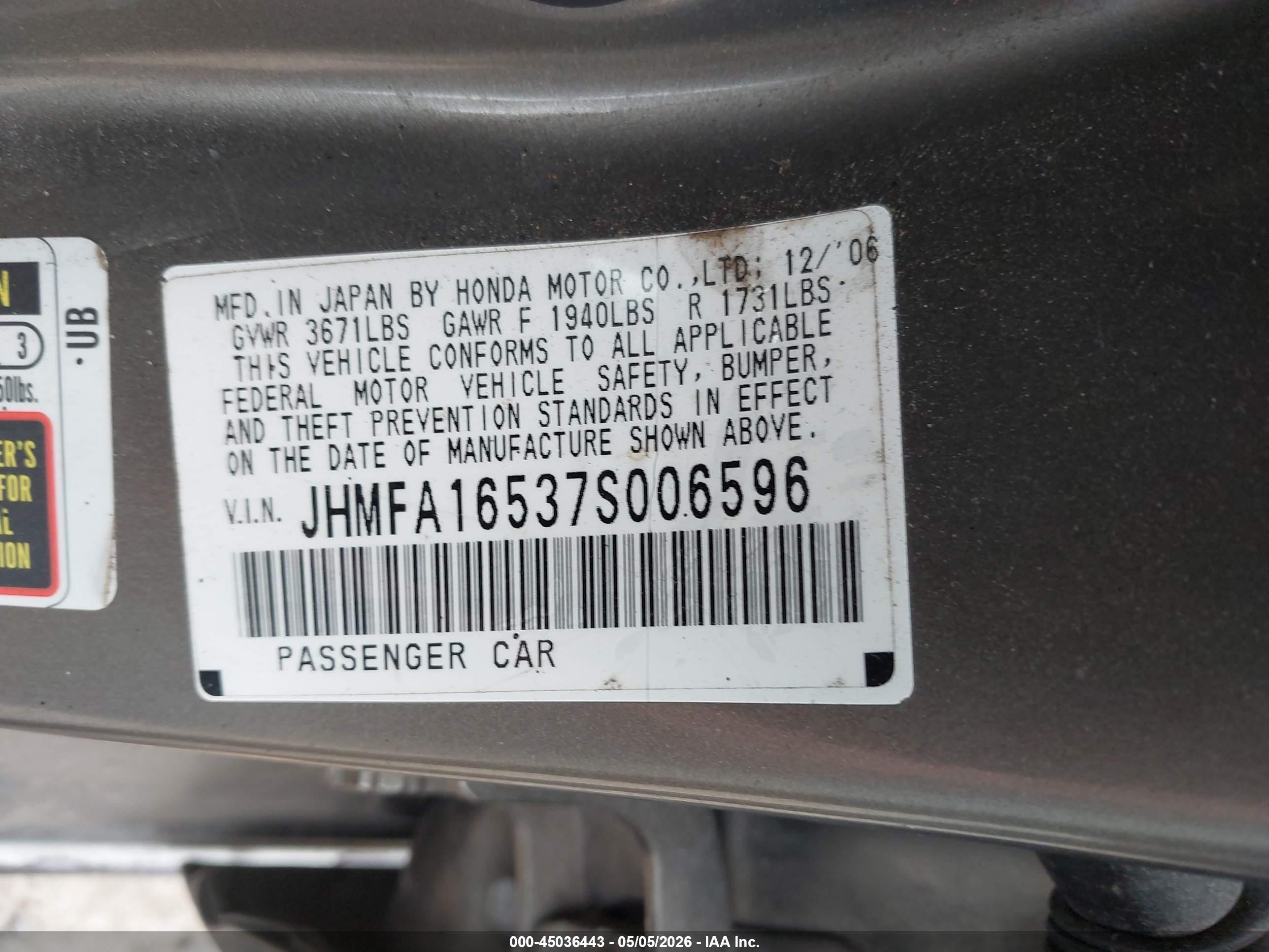 2007 Honda Civic Lx Purple vin: JHMFA16537S006596