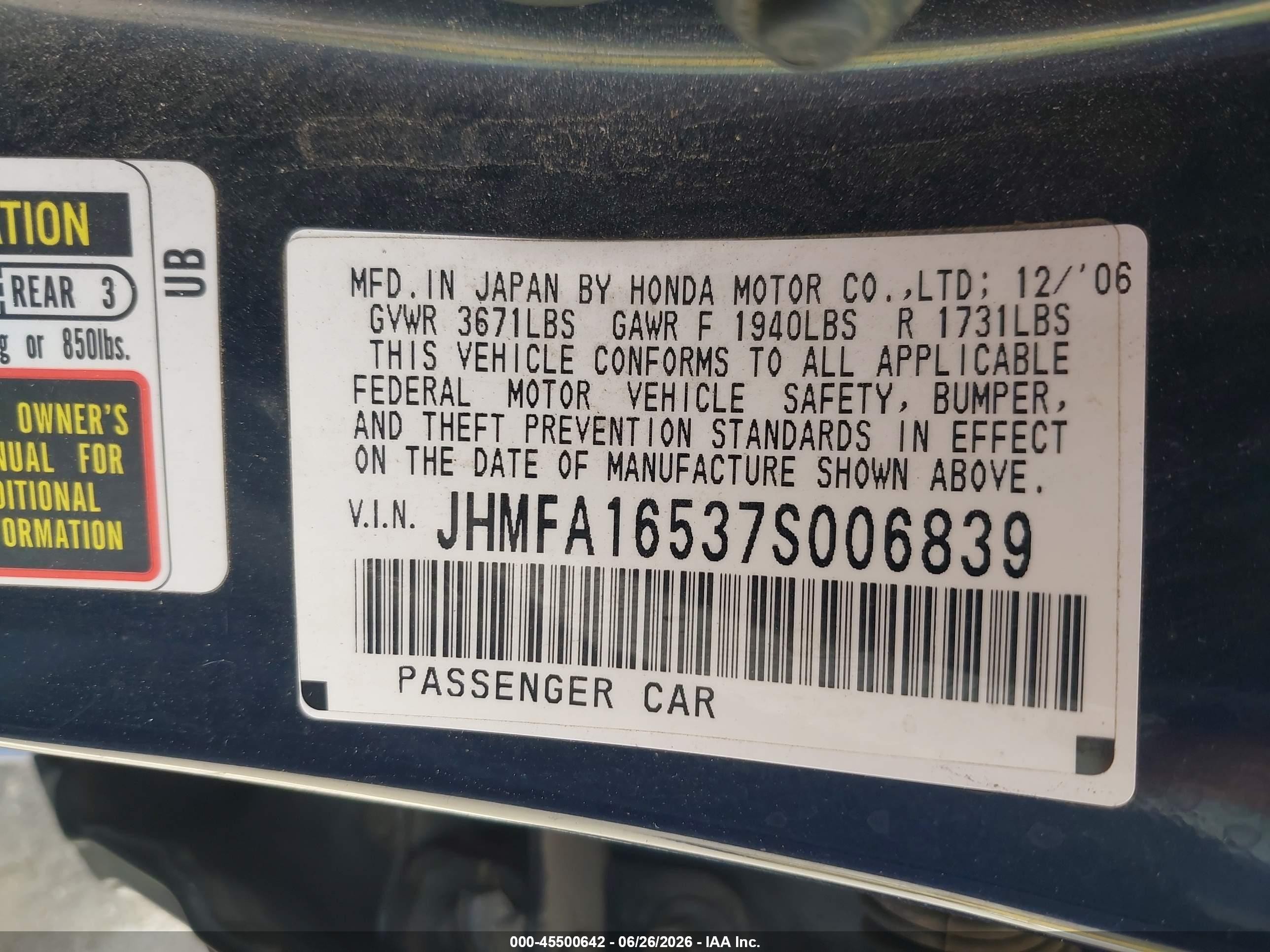 2007 Honda Civic Lx Blue vin: JHMFA16537S006839