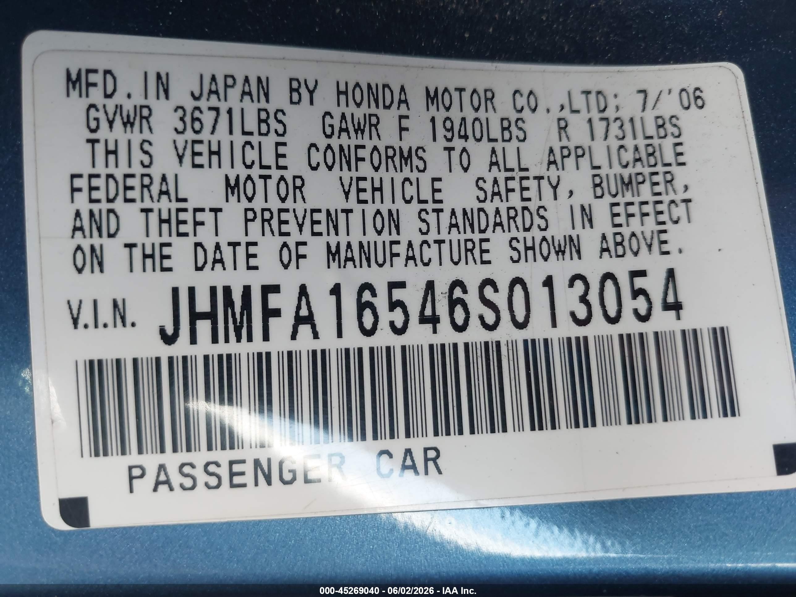 2006 Honda Civic Lx Blue vin: JHMFA16546S013054