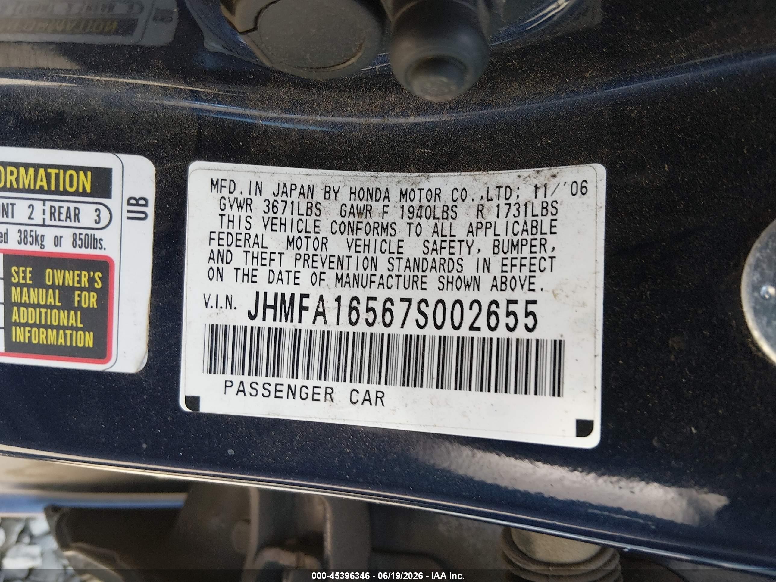 2007 Honda Civic Lx White vin: JHMFA16567S002655