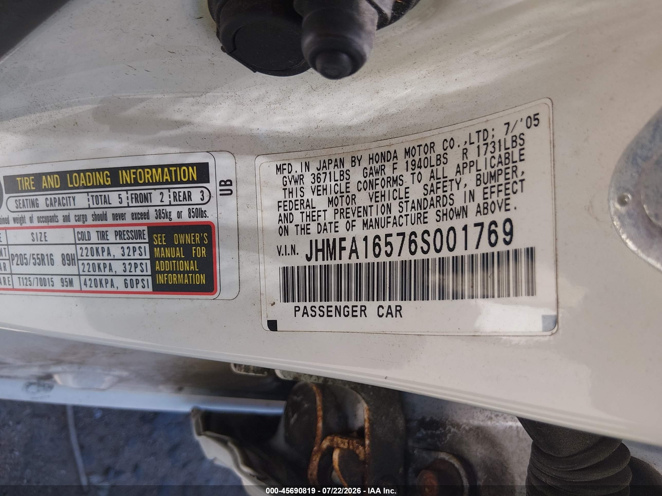 2006 Honda Civic Lx White vin: JHMFA16576S001769