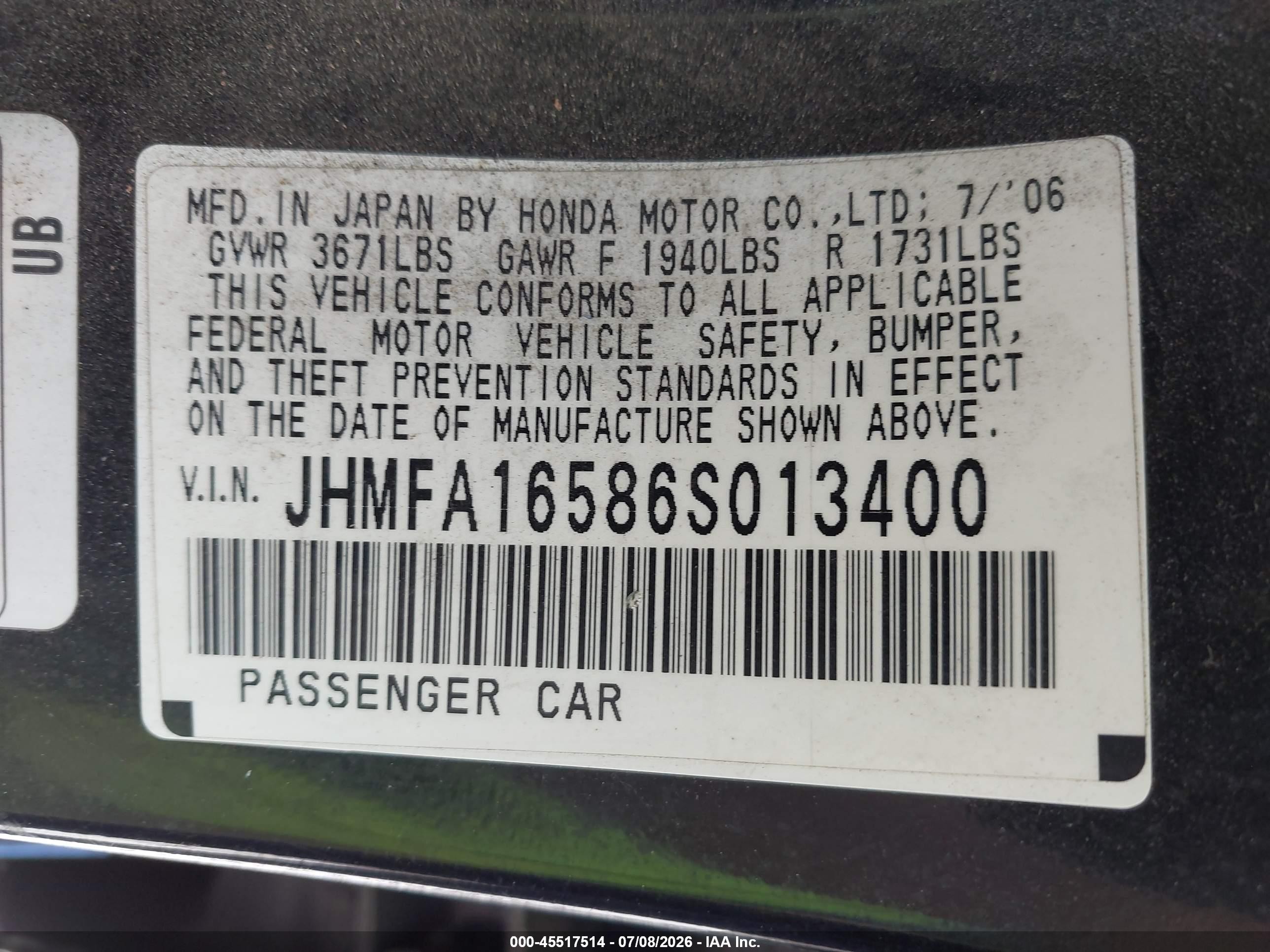 2006 Honda Civic Lx Gray vin: JHMFA16586S013400