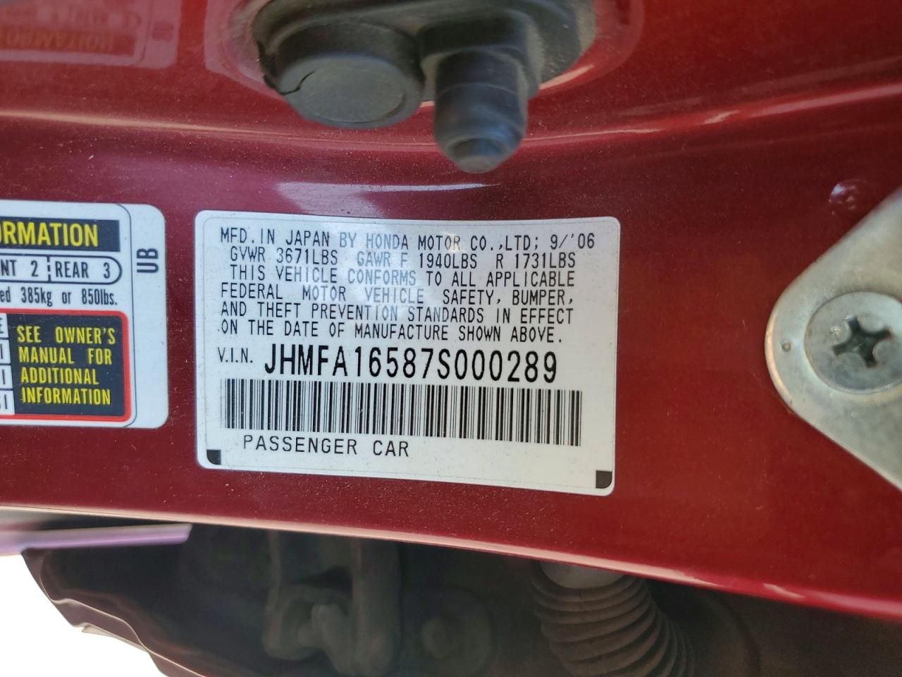 2007 Honda Civic Lx Красный vin: JHMFA16587S000289