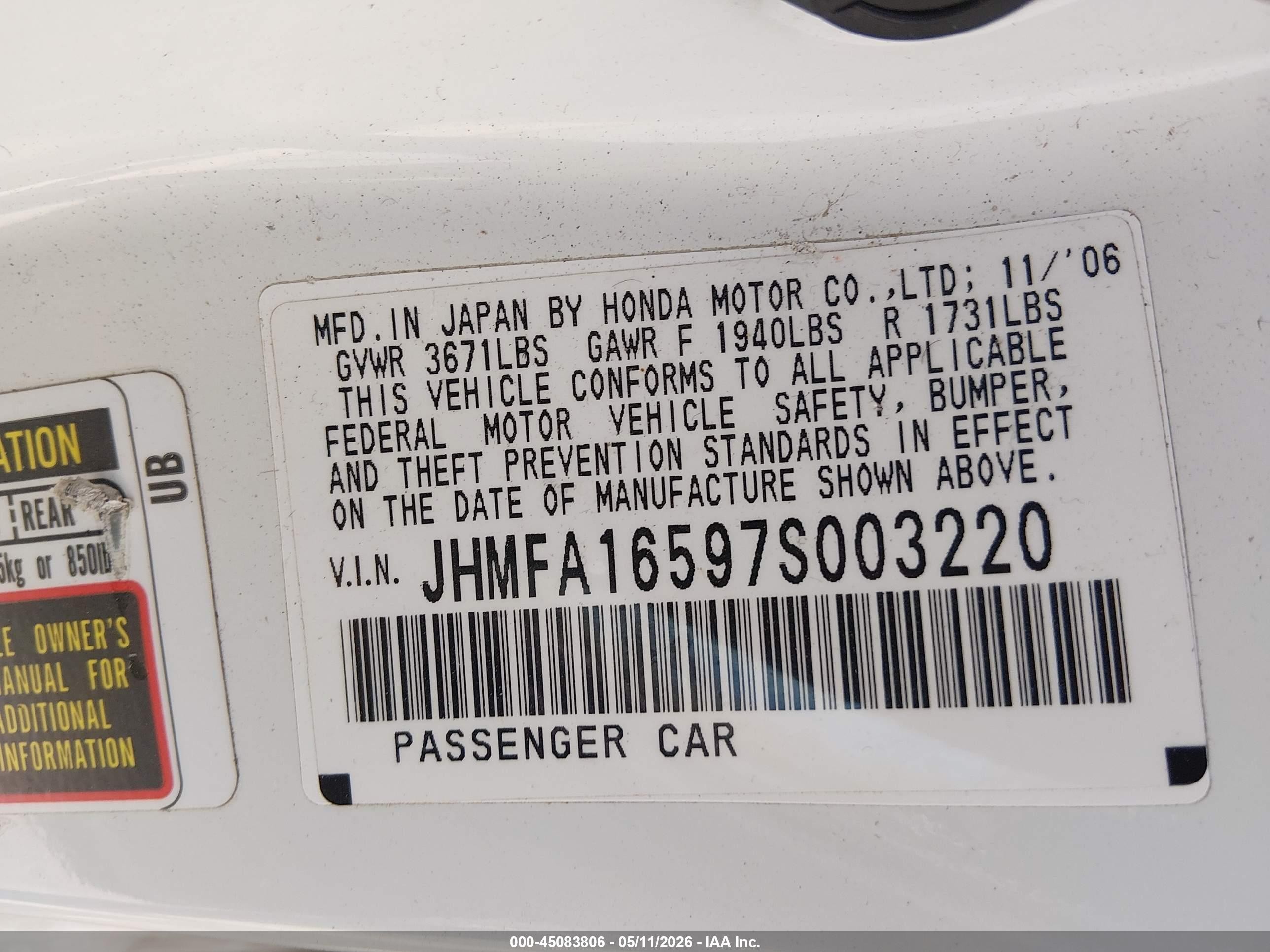 2007 Honda Civic Lx White vin: JHMFA16597S003220