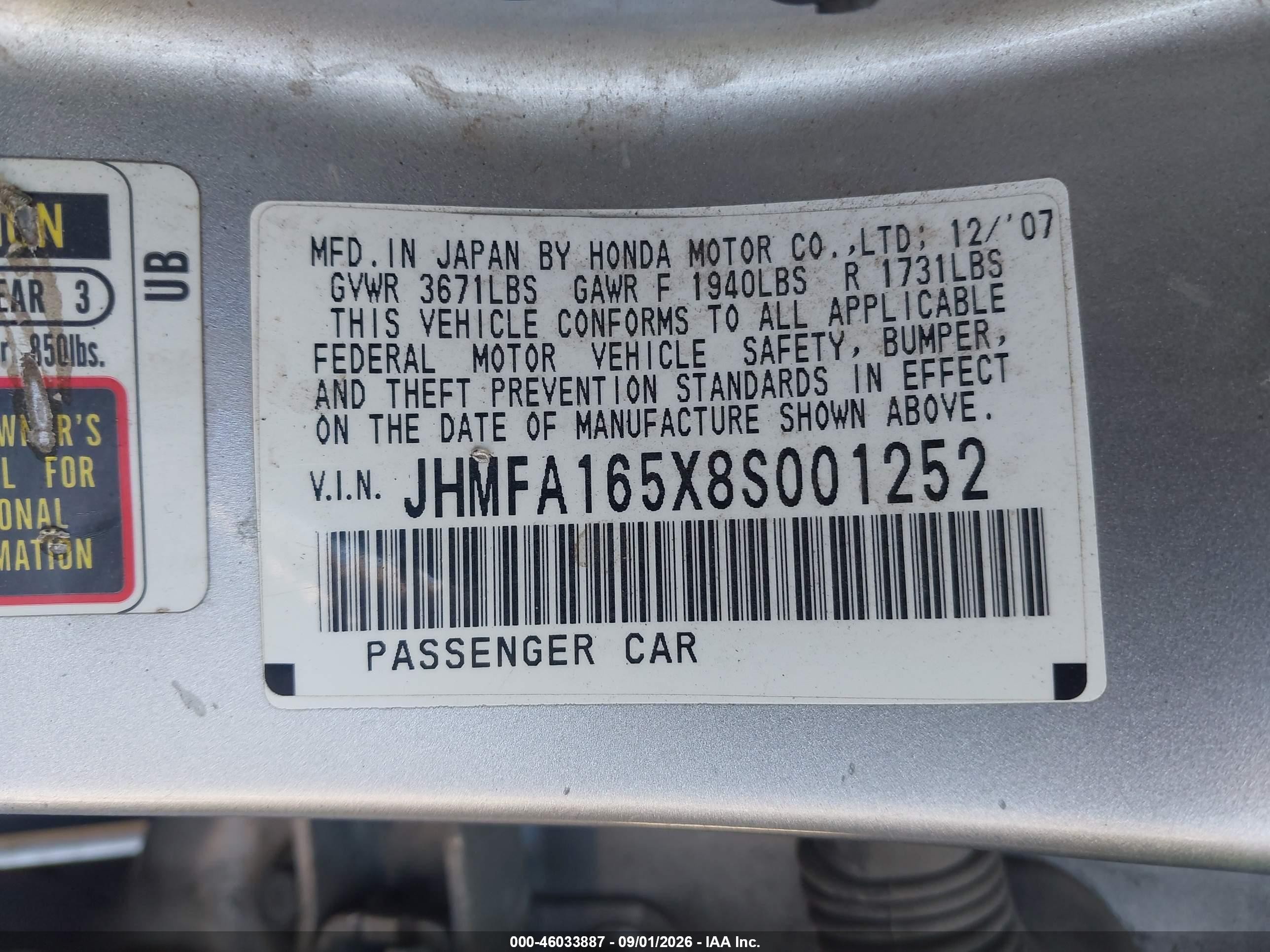 2008 Honda Civic Lx Silver vin: JHMFA165X8S001252