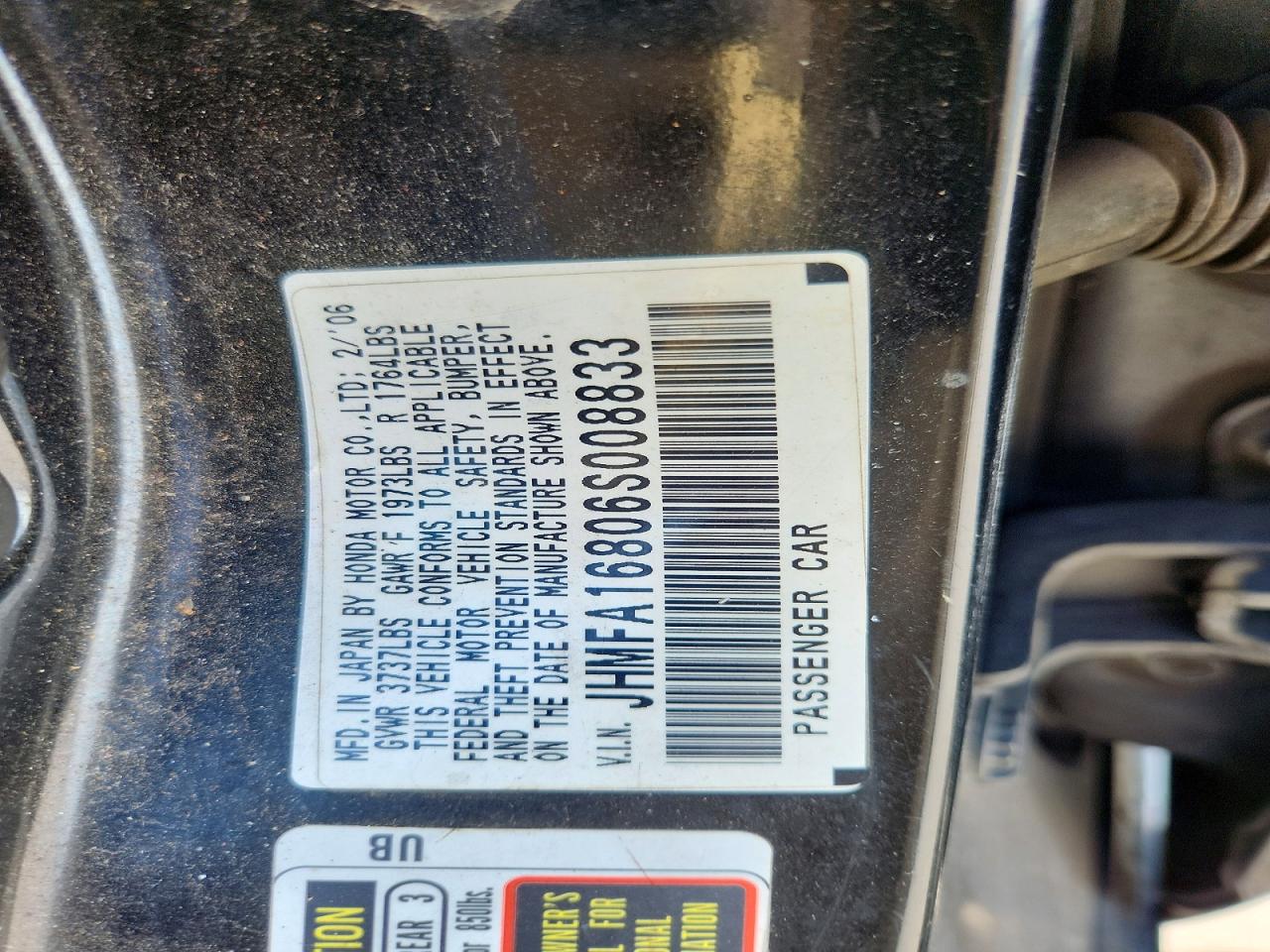 2006 Honda Civic Ex Black vin: JHMFA16806S008833