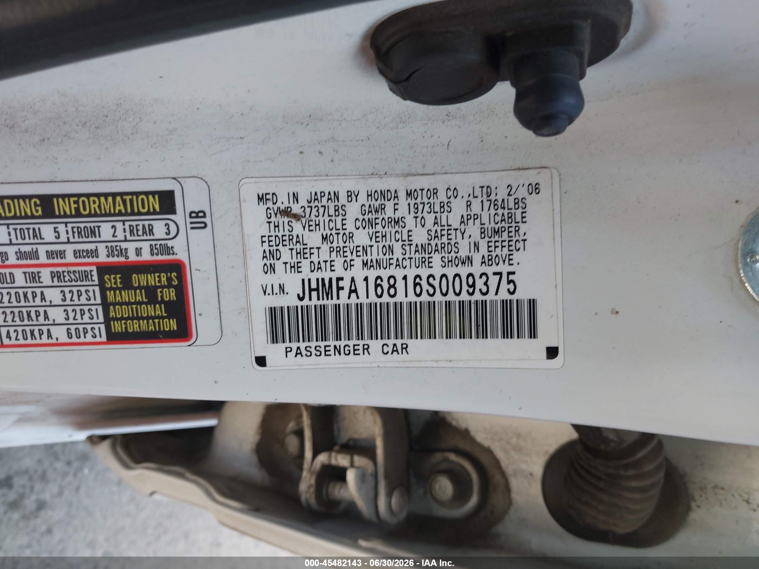 2006 Honda Civic Ex White vin: JHMFA16816S009375