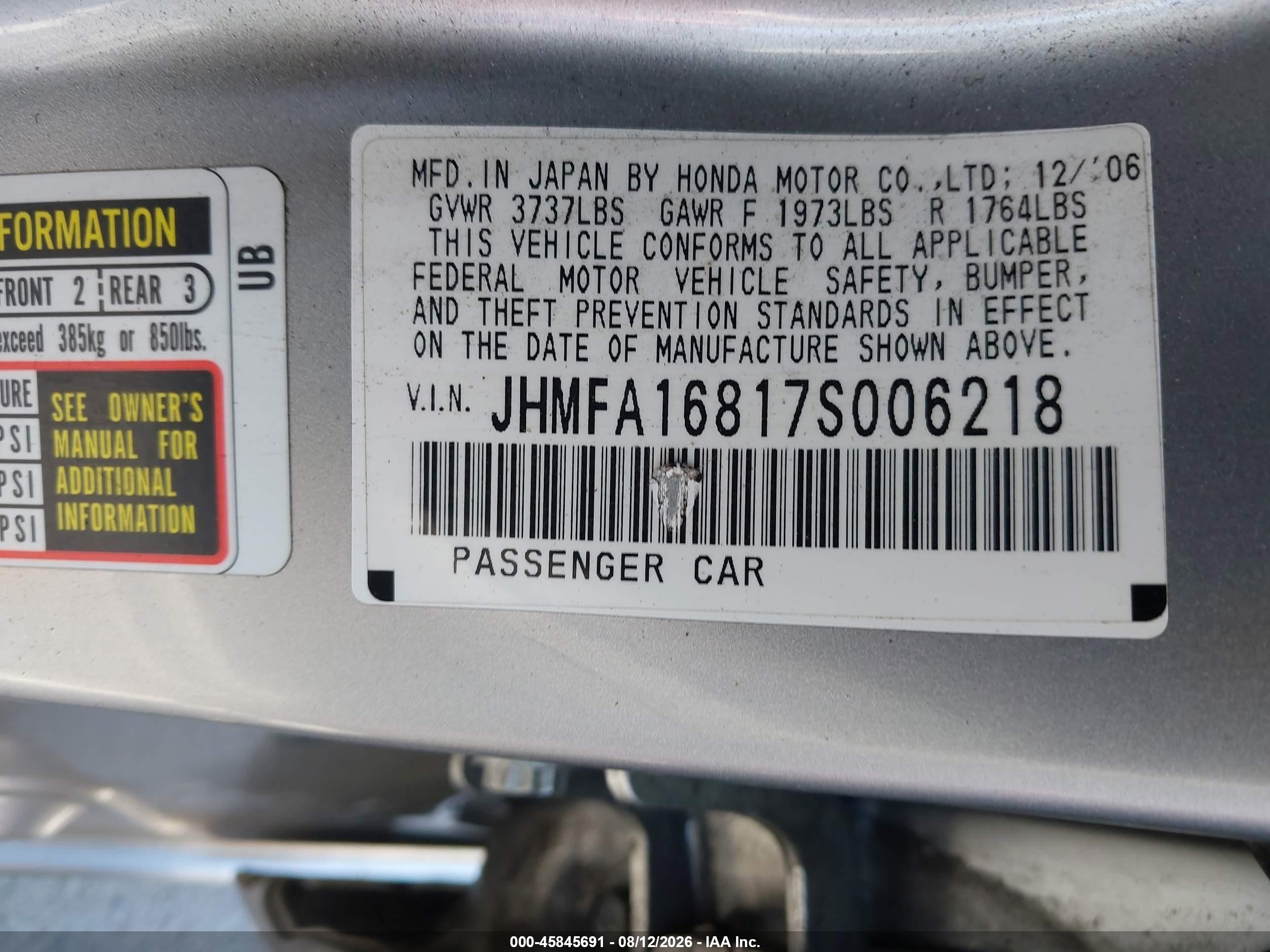 2007 Honda Civic Ex Silver vin: JHMFA16817S006218