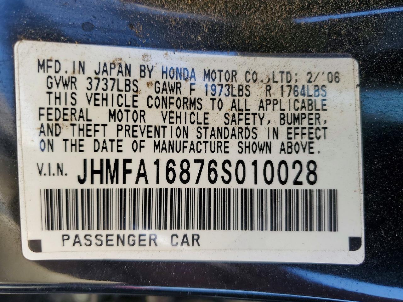 2006 Honda Civic Ex Black vin: JHMFA16876S010028