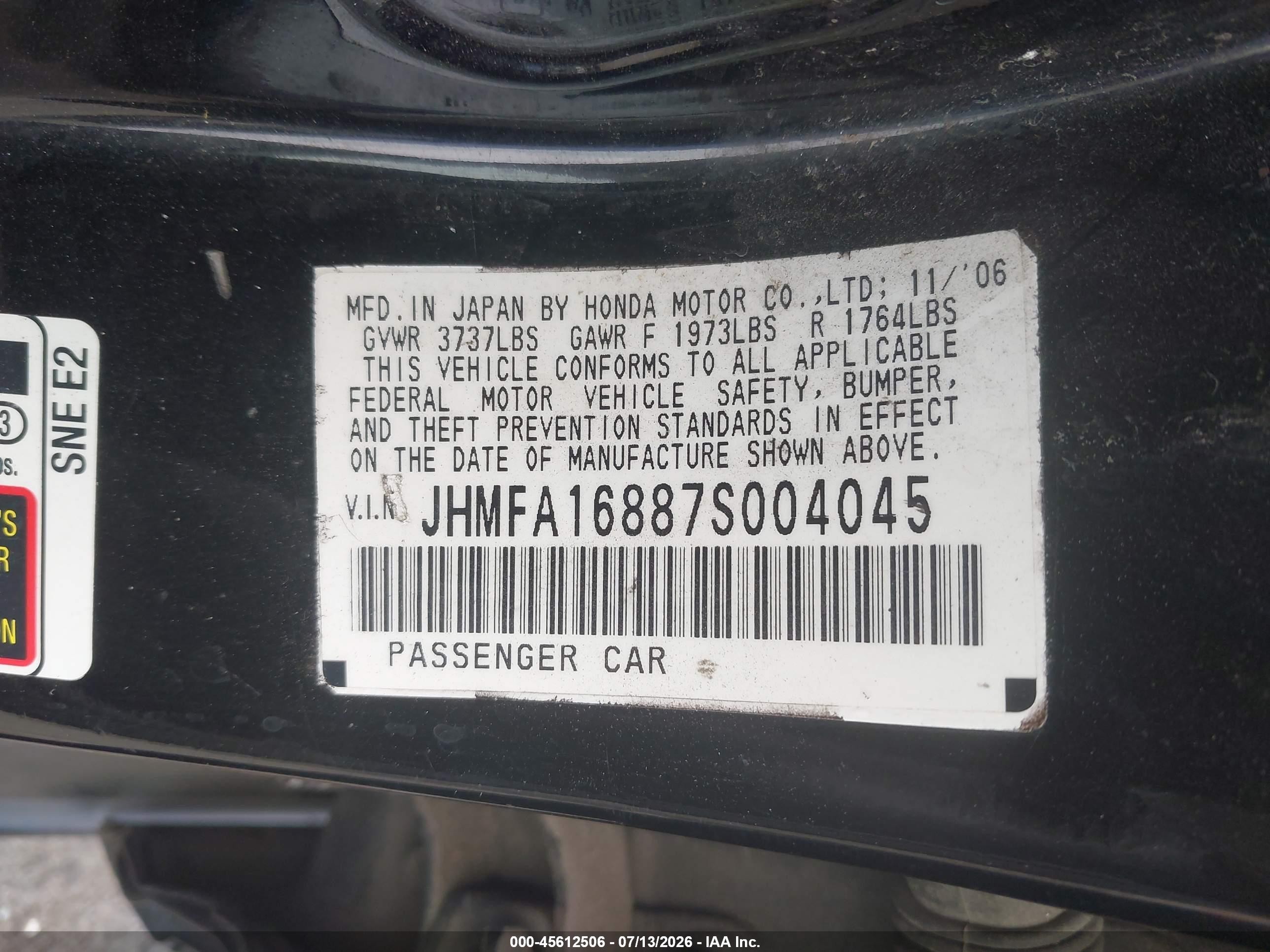 2007 Honda Civic Ex Black vin: JHMFA16887S004045