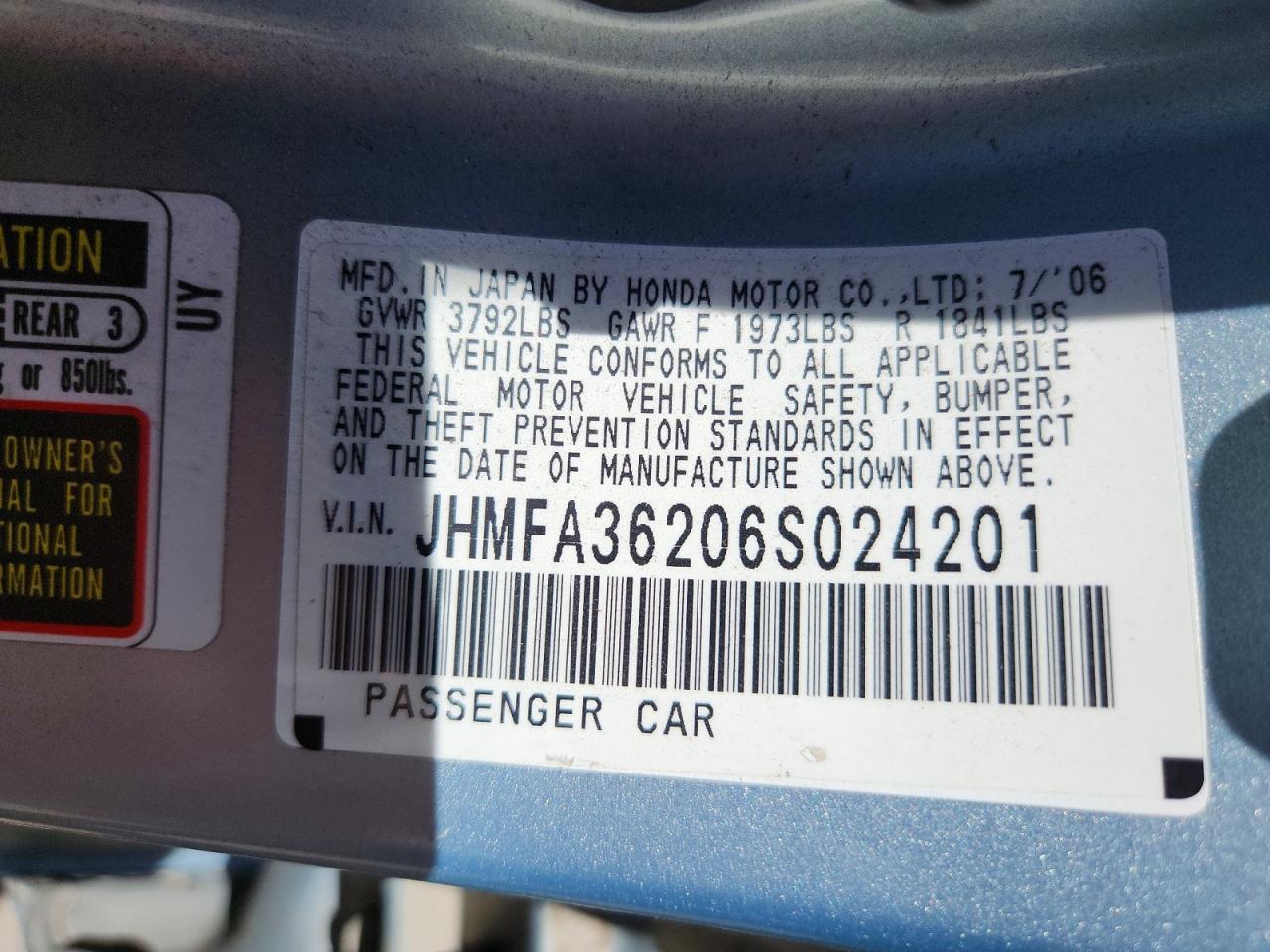 2006 Honda Civic Hybrid Silver vin: JHMFA36206S024201