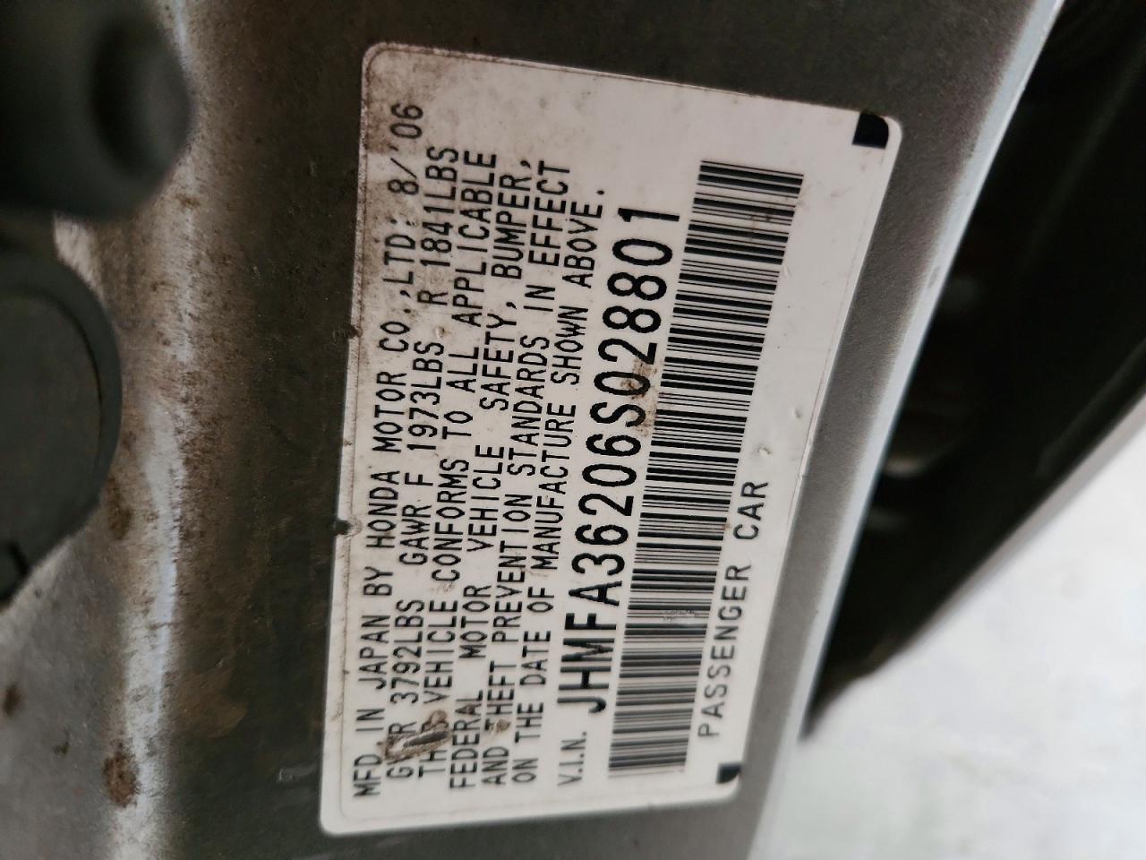 2006 Honda Civic Hybrid Серый vin: JHMFA36206S028801