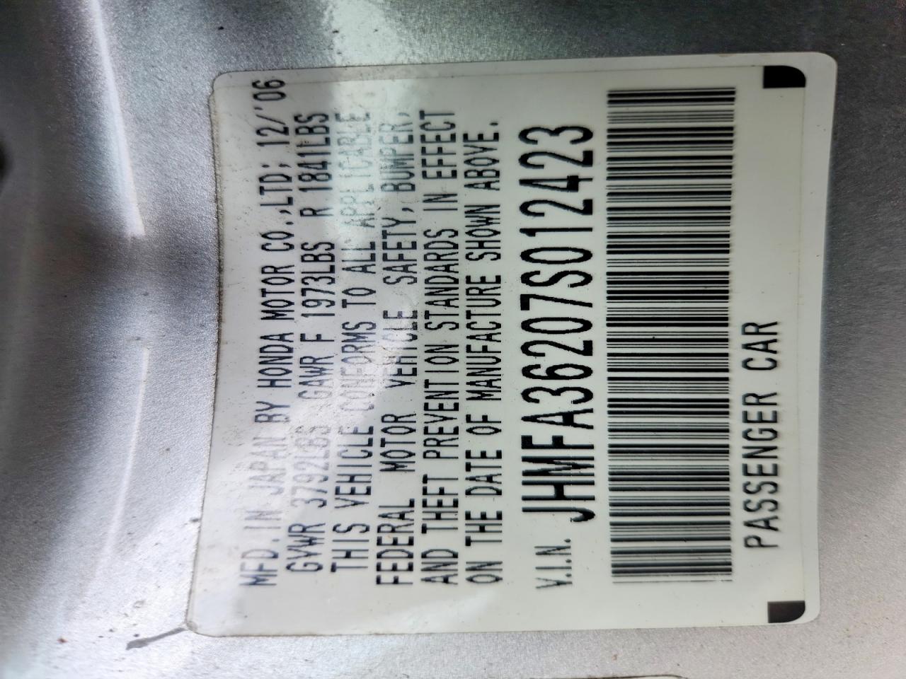 2007 Honda Civic Hybrid Silver vin: JHMFA36207S012423