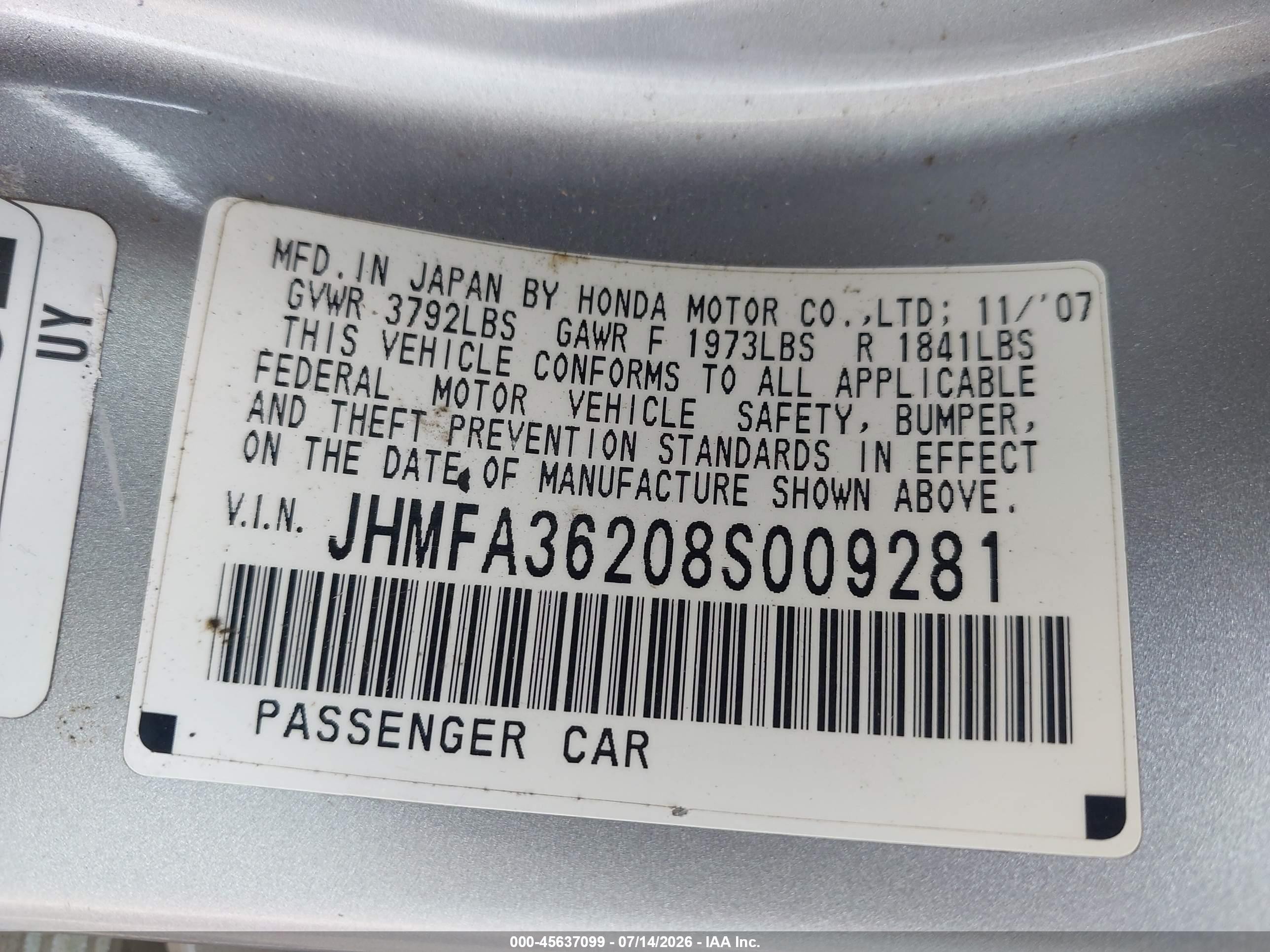 2008 Honda Civic Hybrid   Silver vin: JHMFA36208S009281