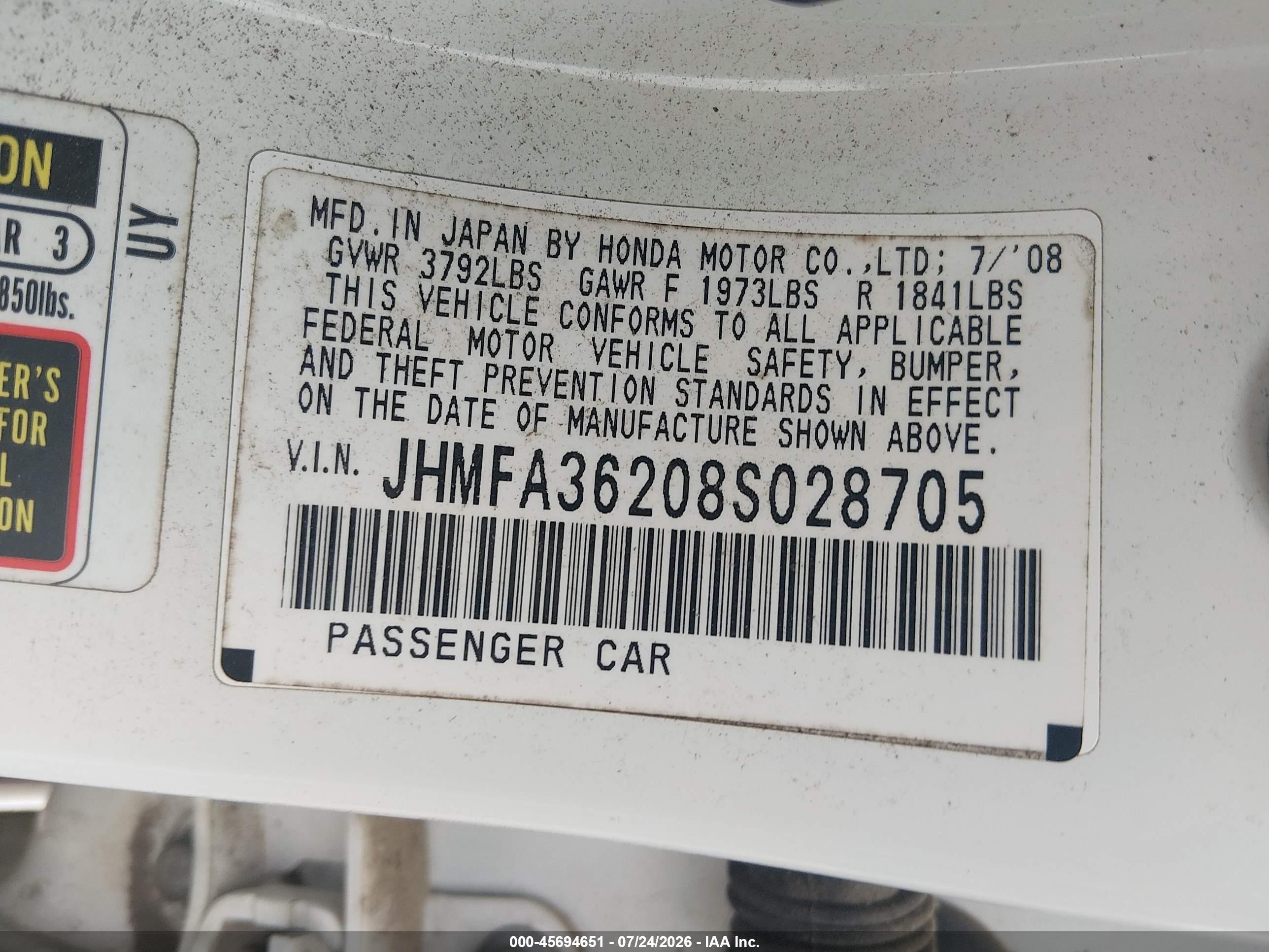 2008 Honda Civic Hybrid   White vin: JHMFA36208S028705