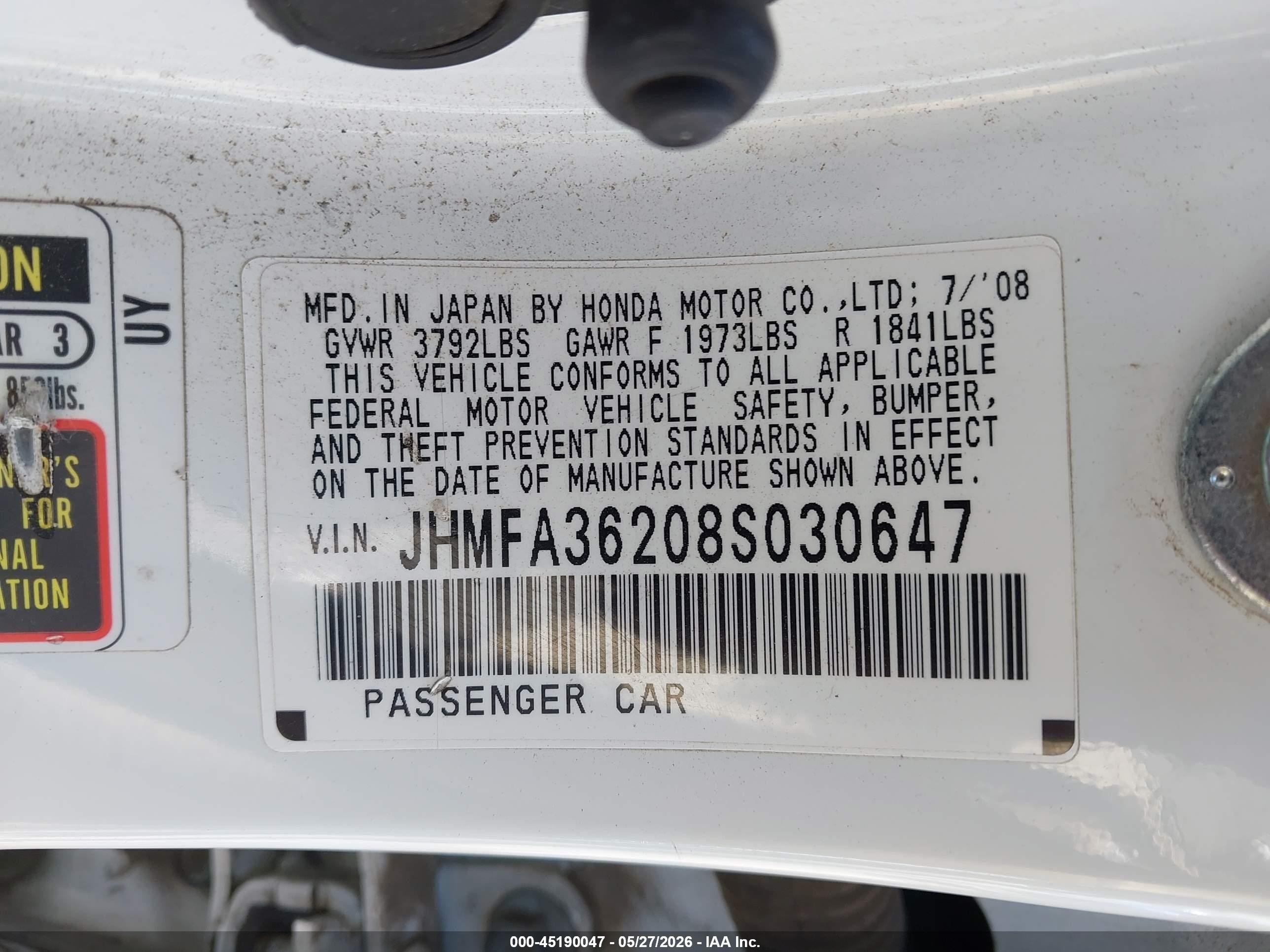 2008 Honda Civic Hybrid   White vin: JHMFA36208S030647
