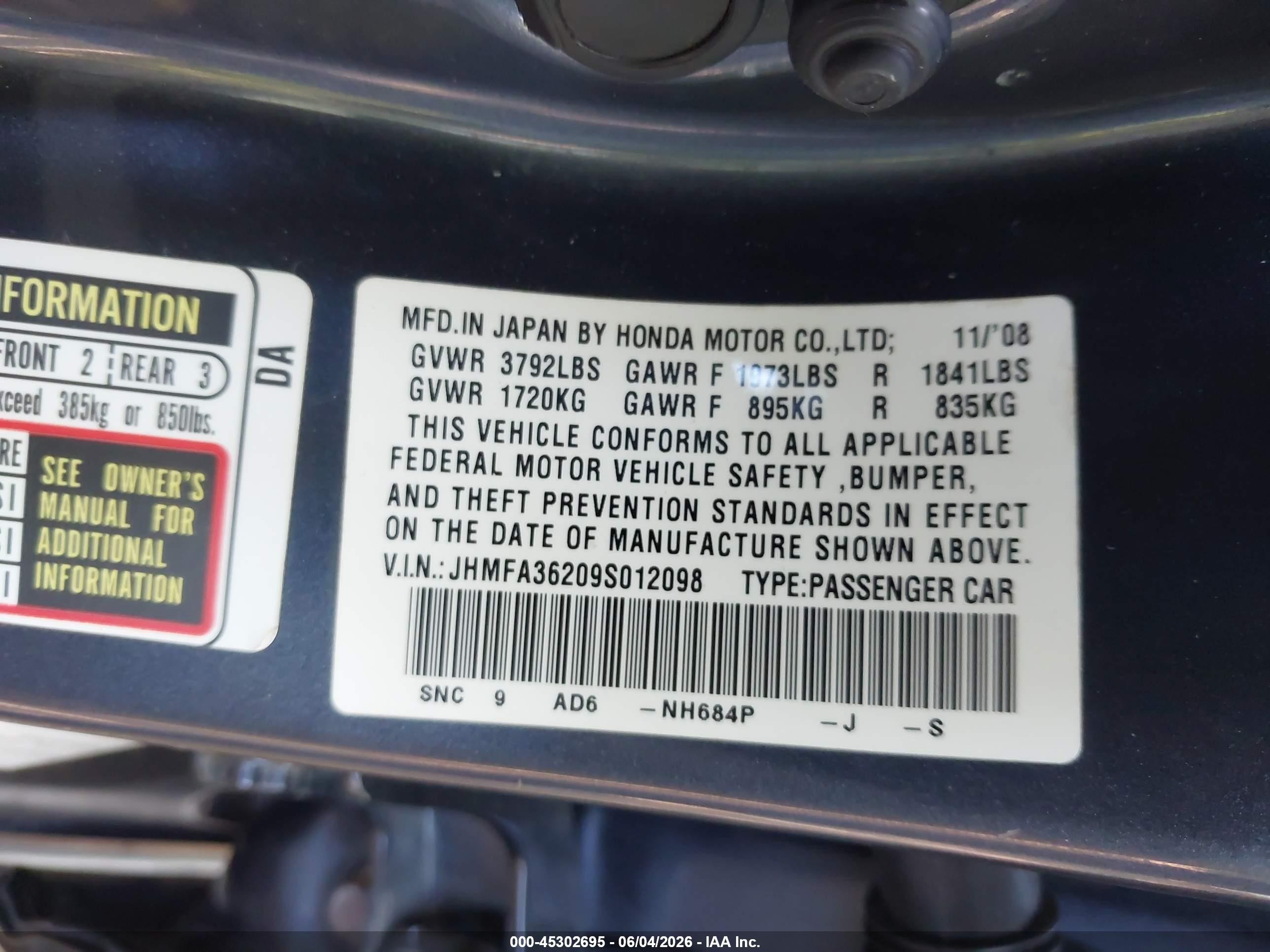 2009 Honda Civic Hybrid Gray vin: JHMFA36209S012098
