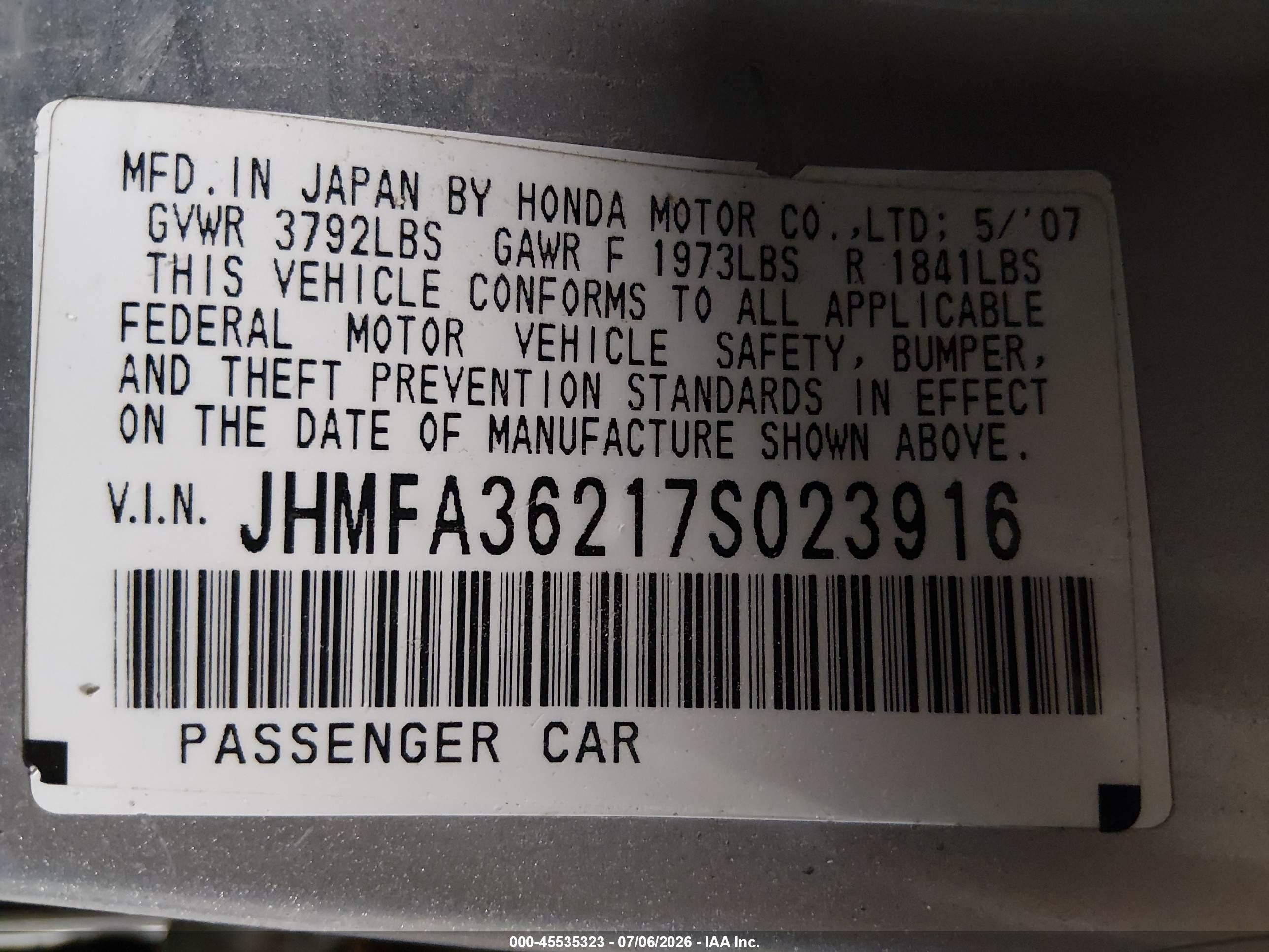 2007 Honda Civic Hybrid   Silver vin: JHMFA36217S023916