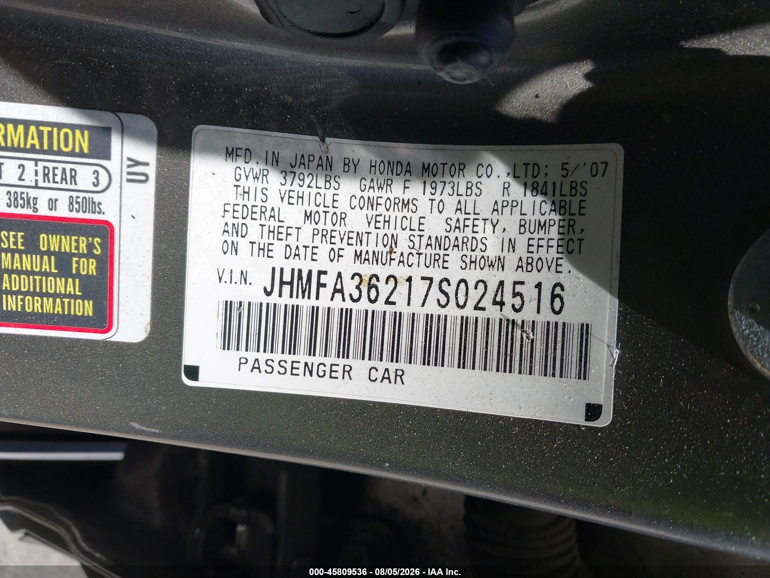 2007 Honda Civic Hybrid   Gray vin: JHMFA36217S024516