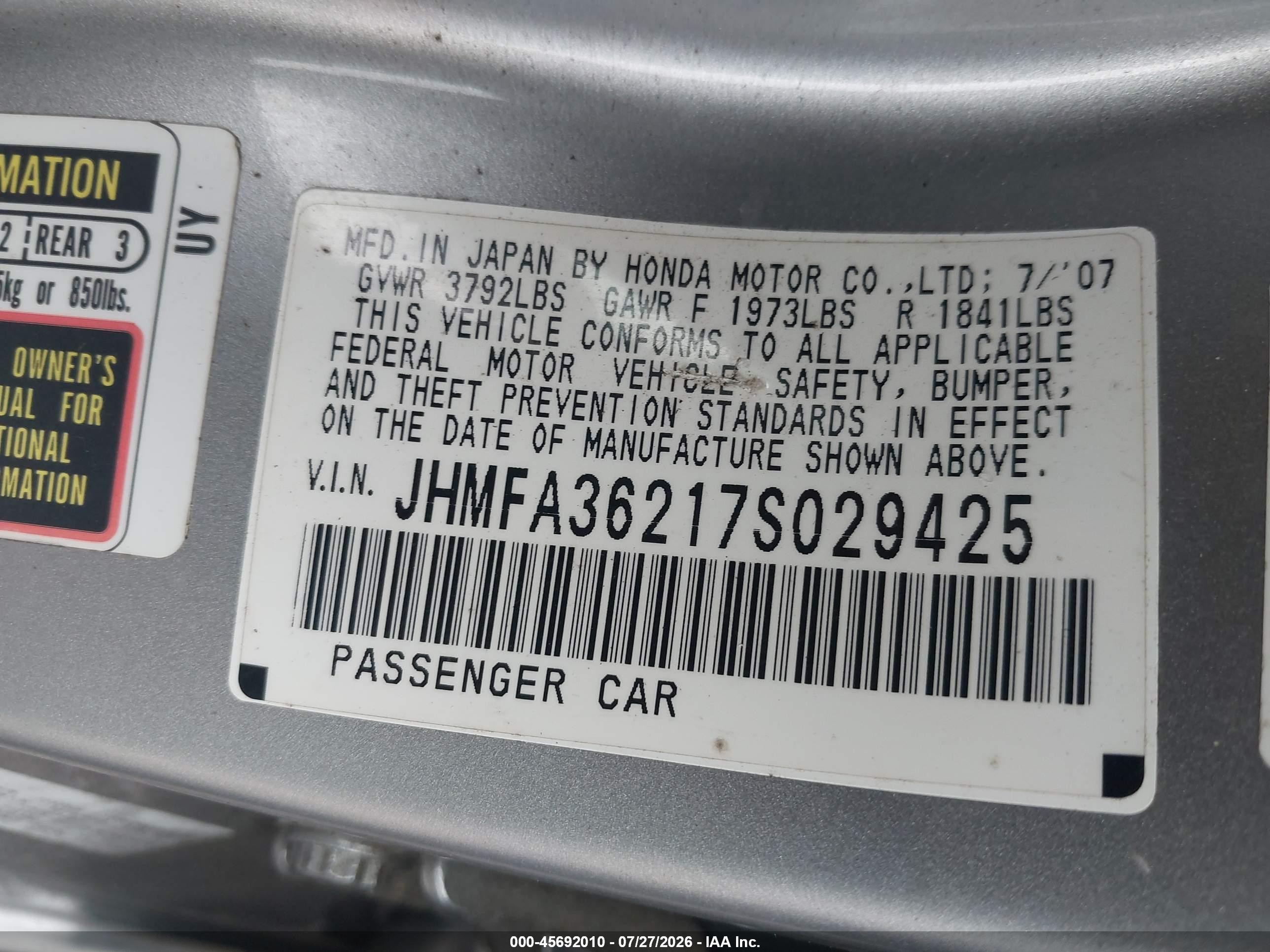 2007 Honda Civic Hybrid   Silver vin: JHMFA36217S029425