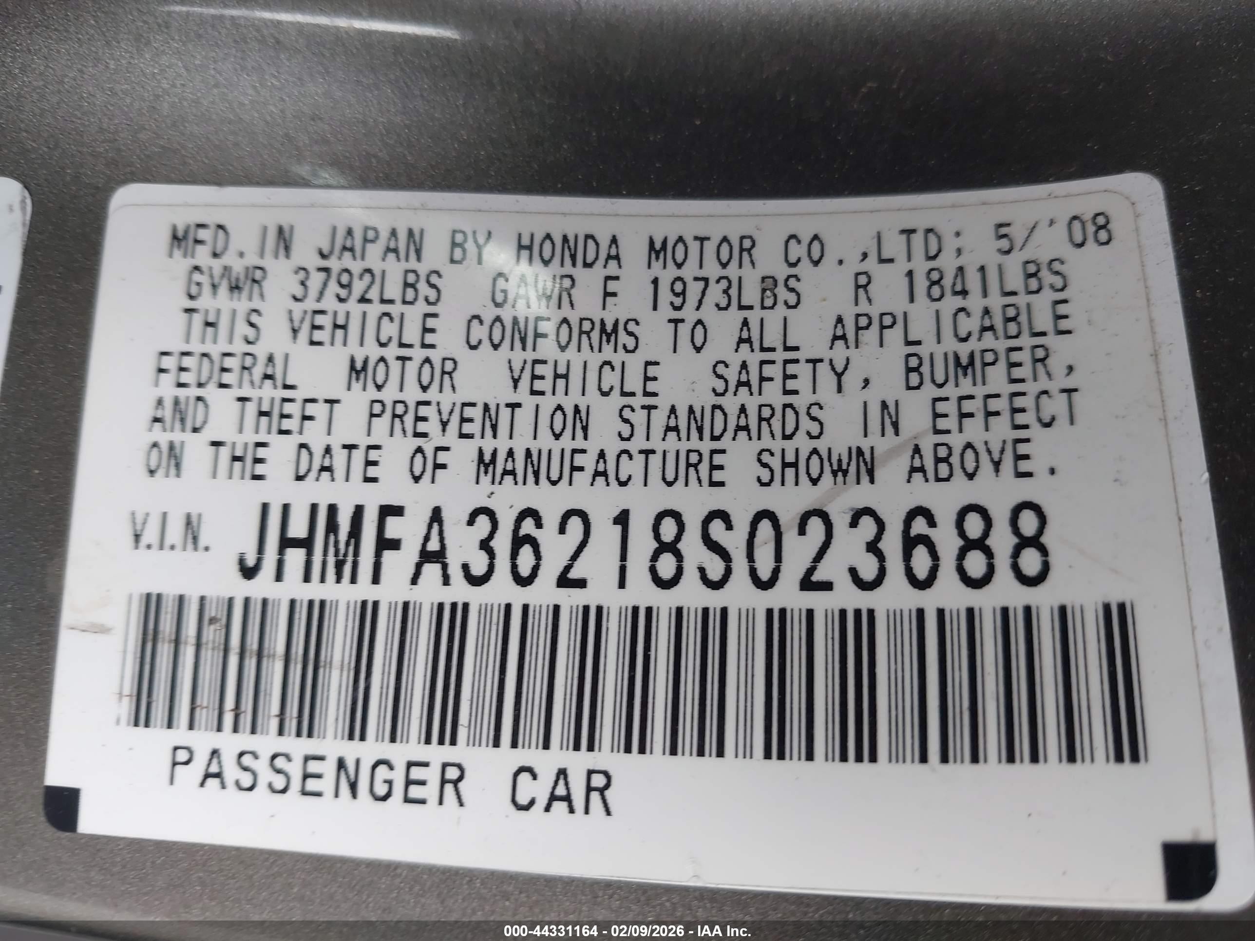 2008 Honda Civic Hybrid Pewter vin: JHMFA36218S023688
