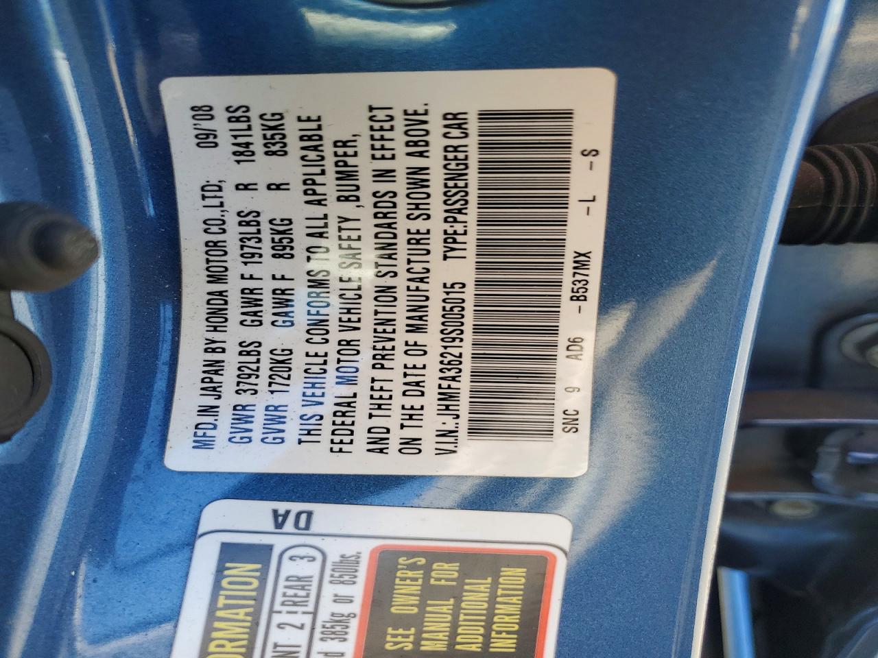 2009 Honda Civic Hybrid Blue vin: JHMFA36219S005015