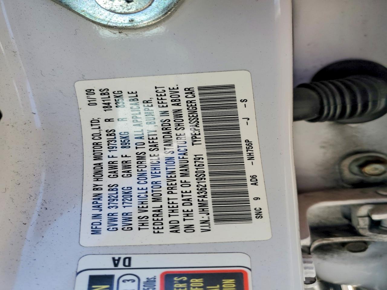 2009 Honda Civic Hybrid White vin: JHMFA36219S016791