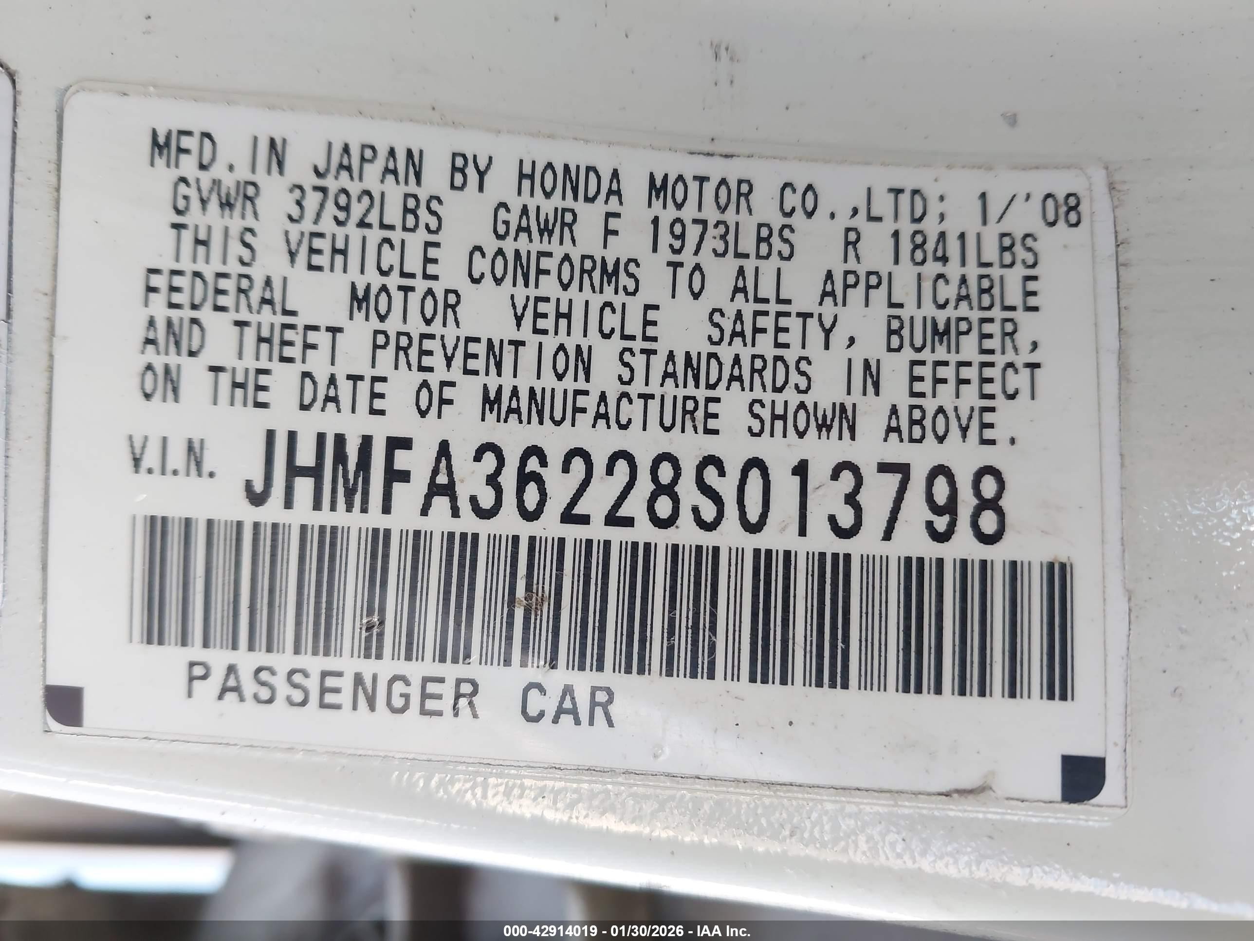 2008 Honda Civic Hybrid   White vin: JHMFA36228S013798