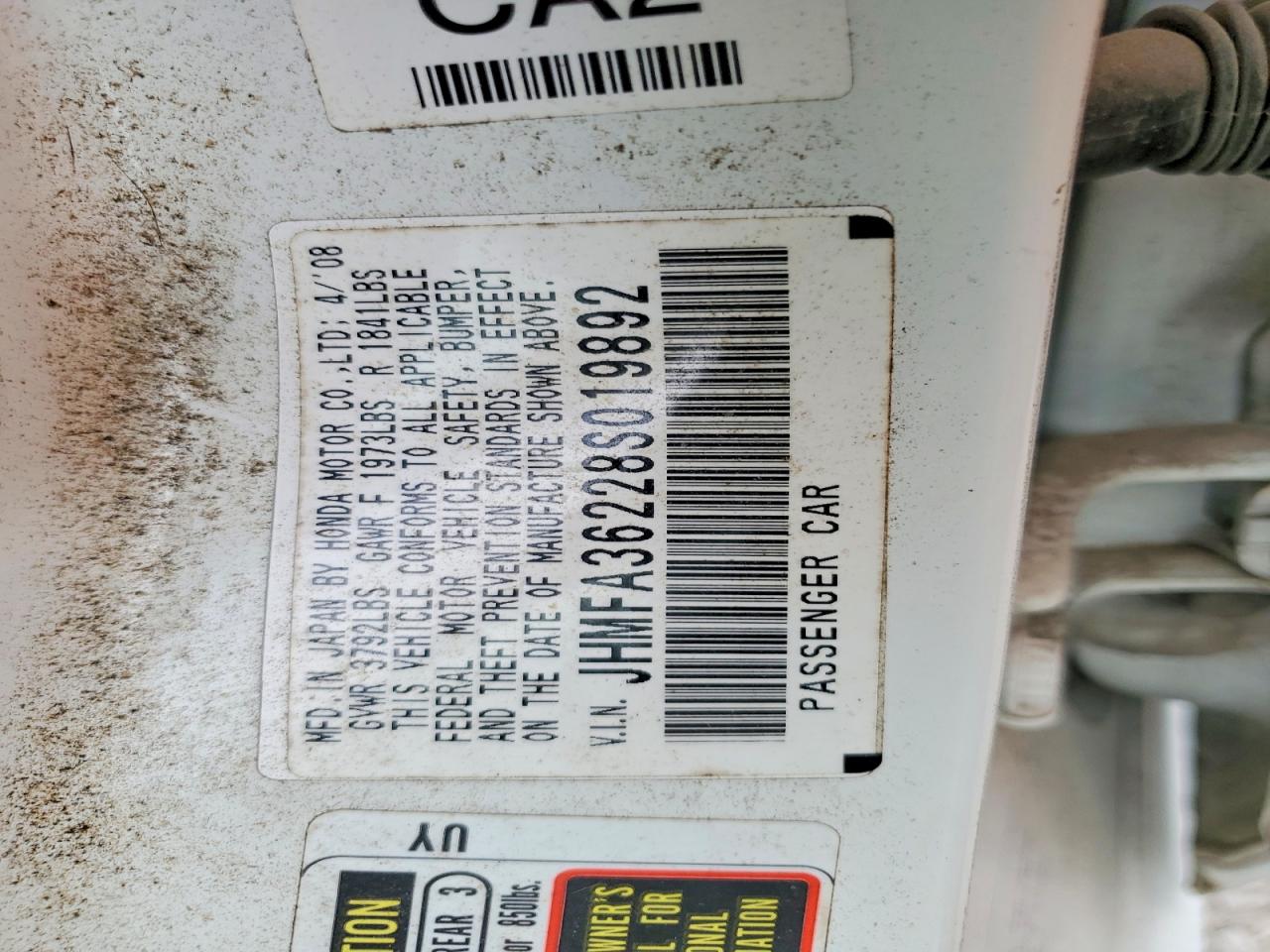 2008 Honda Civic Hybrid White vin: JHMFA36228S019892