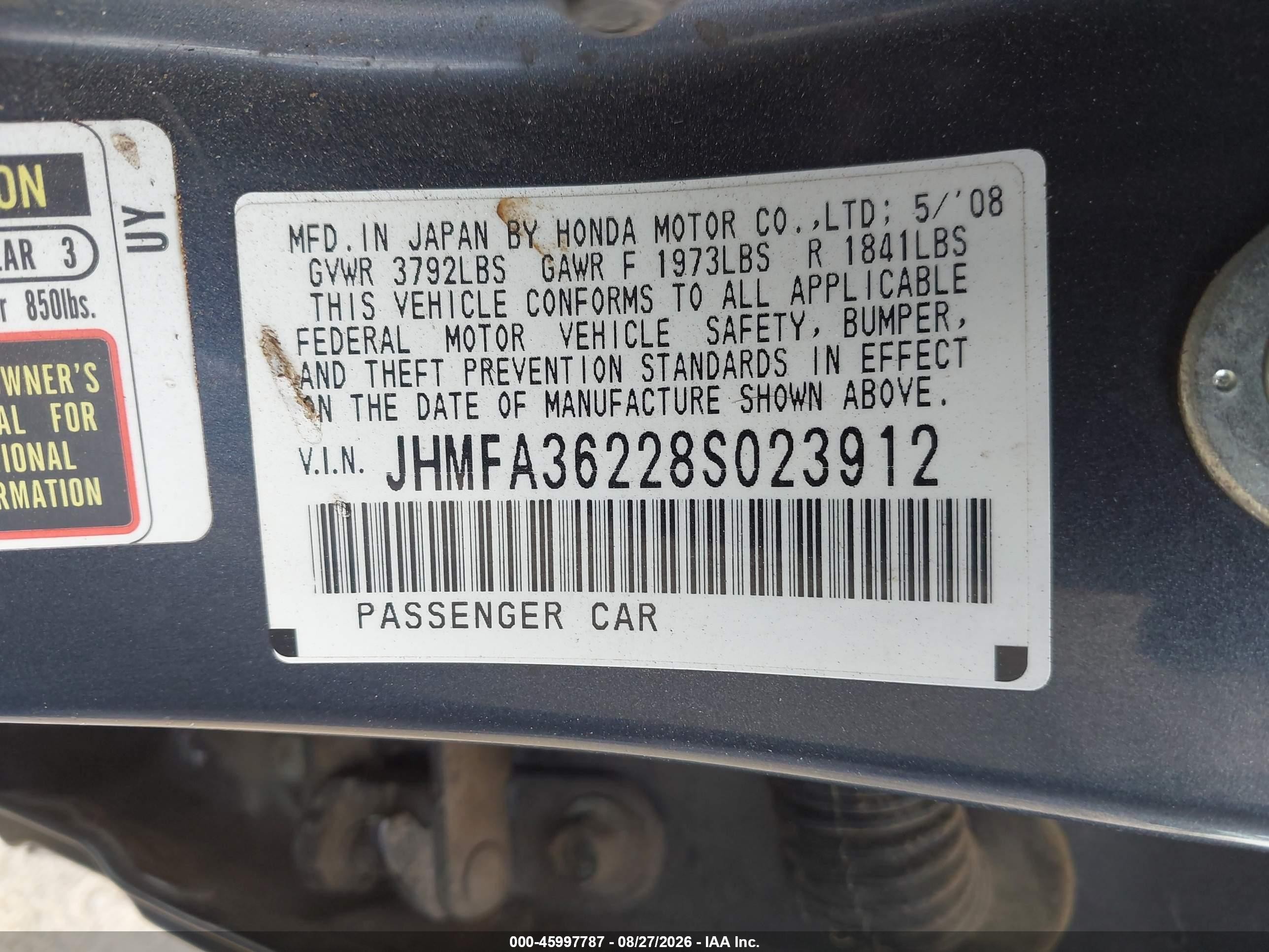 2008 Honda Civic Hybrid   Gray vin: JHMFA36228S023912