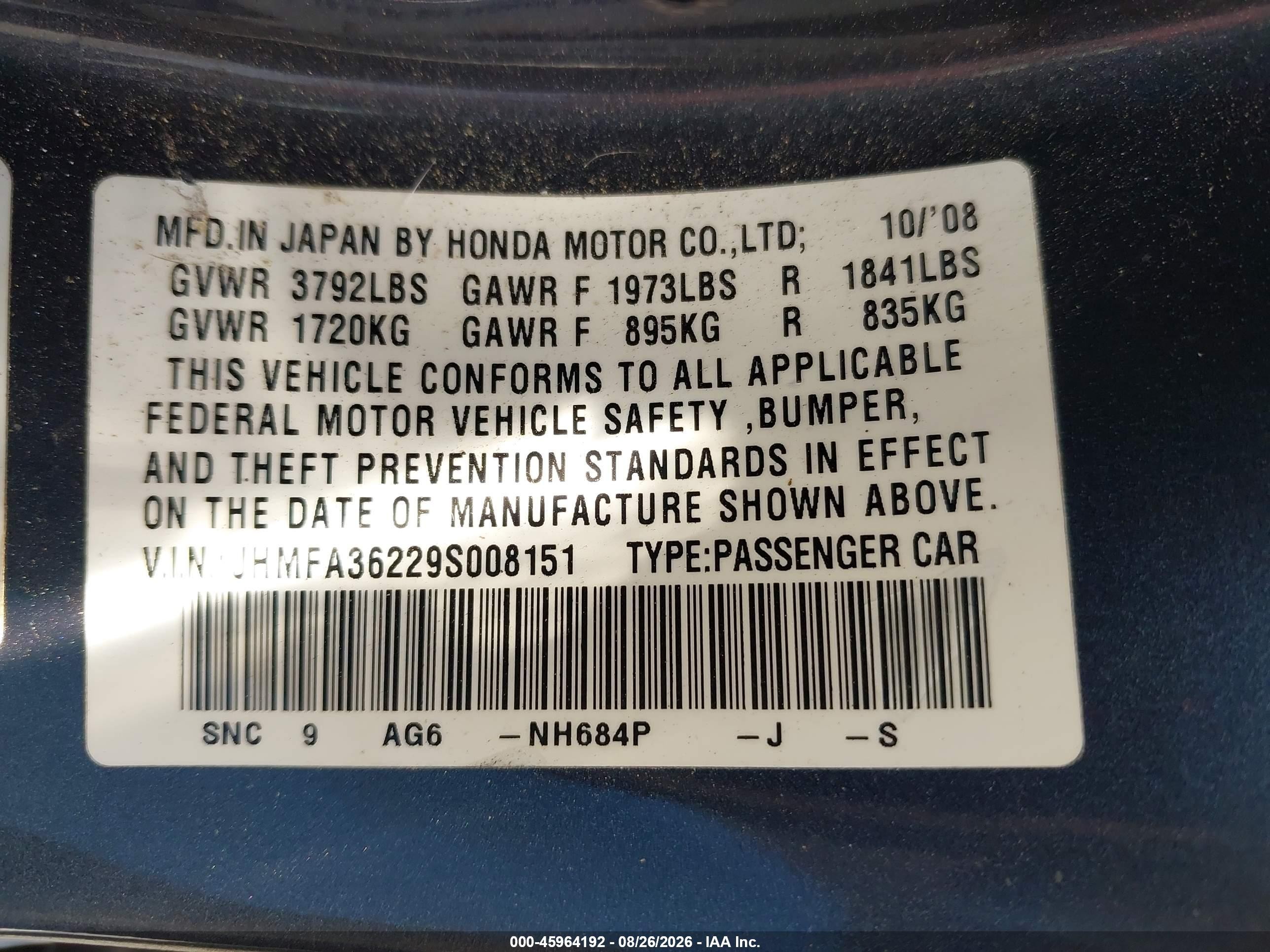 2009 Honda Civic Hybrid   Blue vin: JHMFA36229S008151