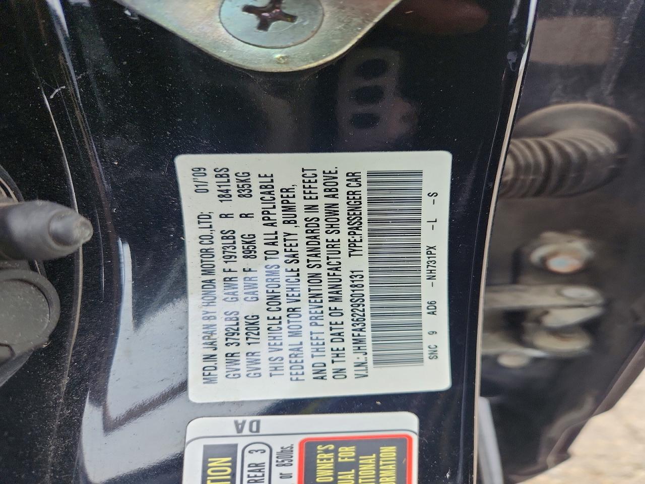 2009 Honda Civic Hybrid Black vin: JHMFA36229S018131