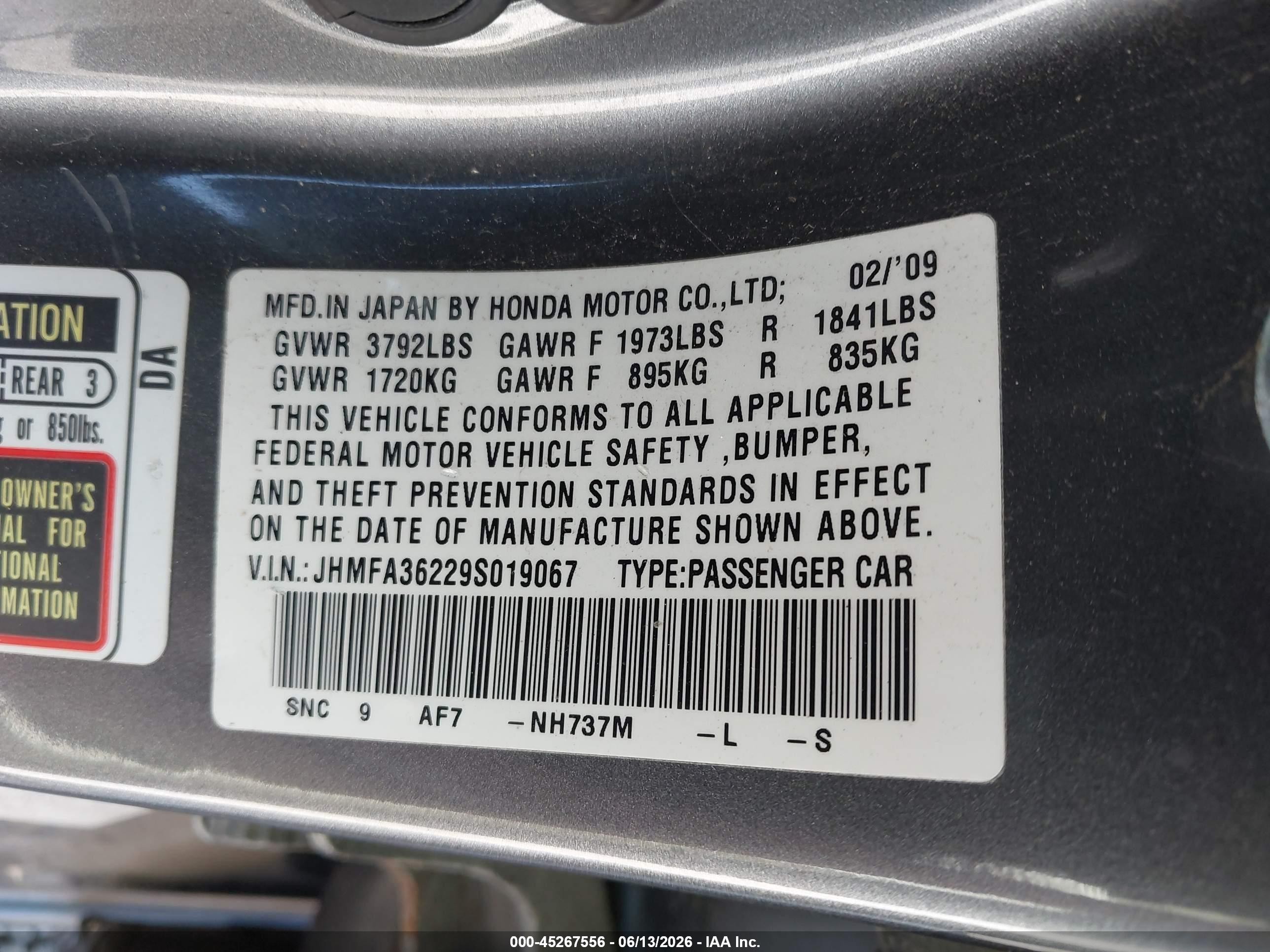 2009 Honda Civic Hybrid   Gray vin: JHMFA36229S019067