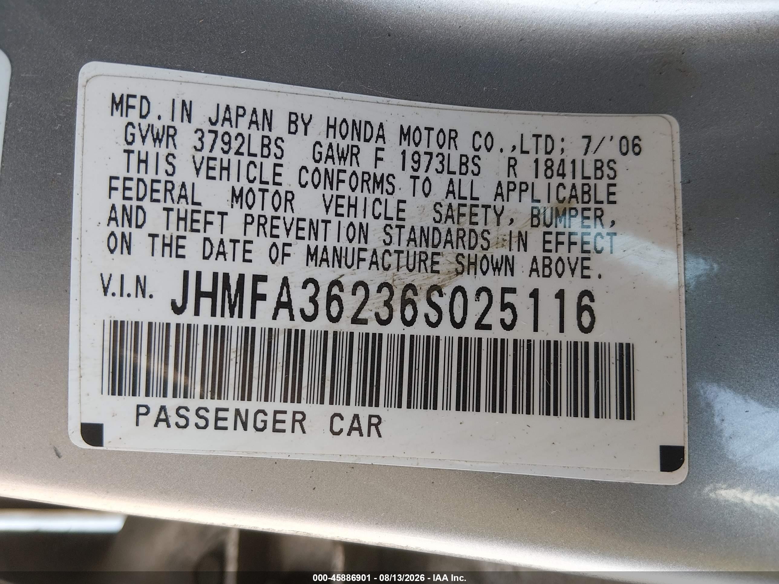 2006 Honda Civic Hybrid   Silver vin: JHMFA36236S025116