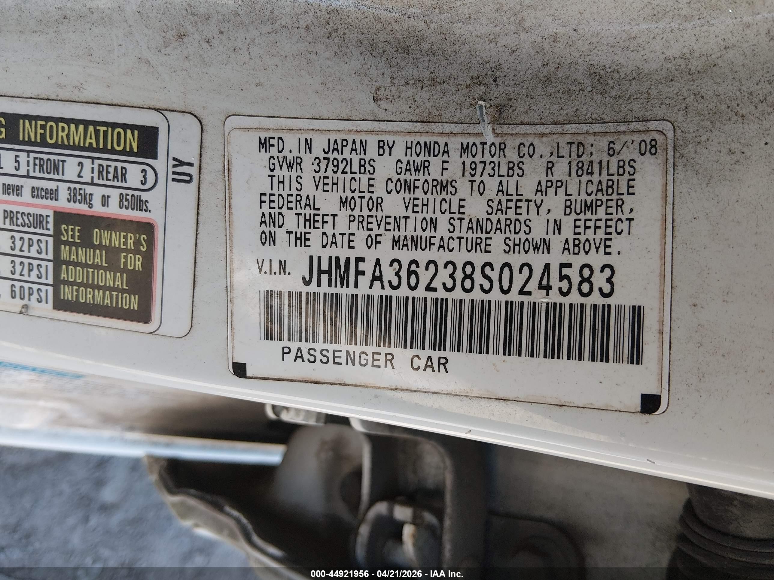2008 Honda Civic Hybrid   White vin: JHMFA36238S024583