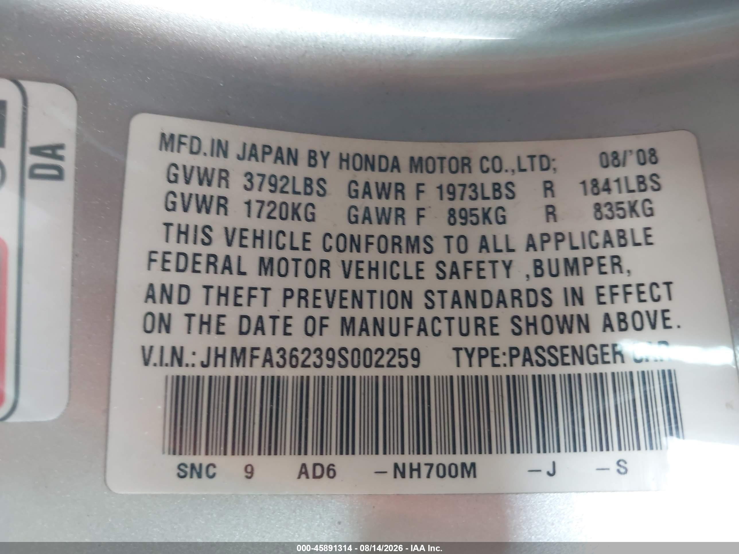 2009 Honda Civic Hybrid   Silver vin: JHMFA36239S002259