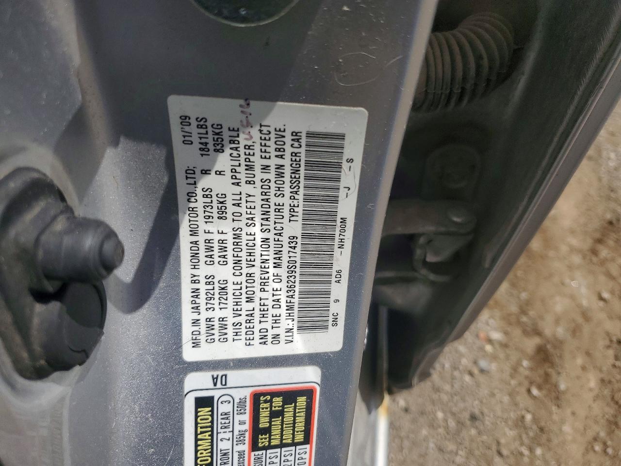 2009 Honda Civic Hybrid Silver vin: JHMFA36239S017439