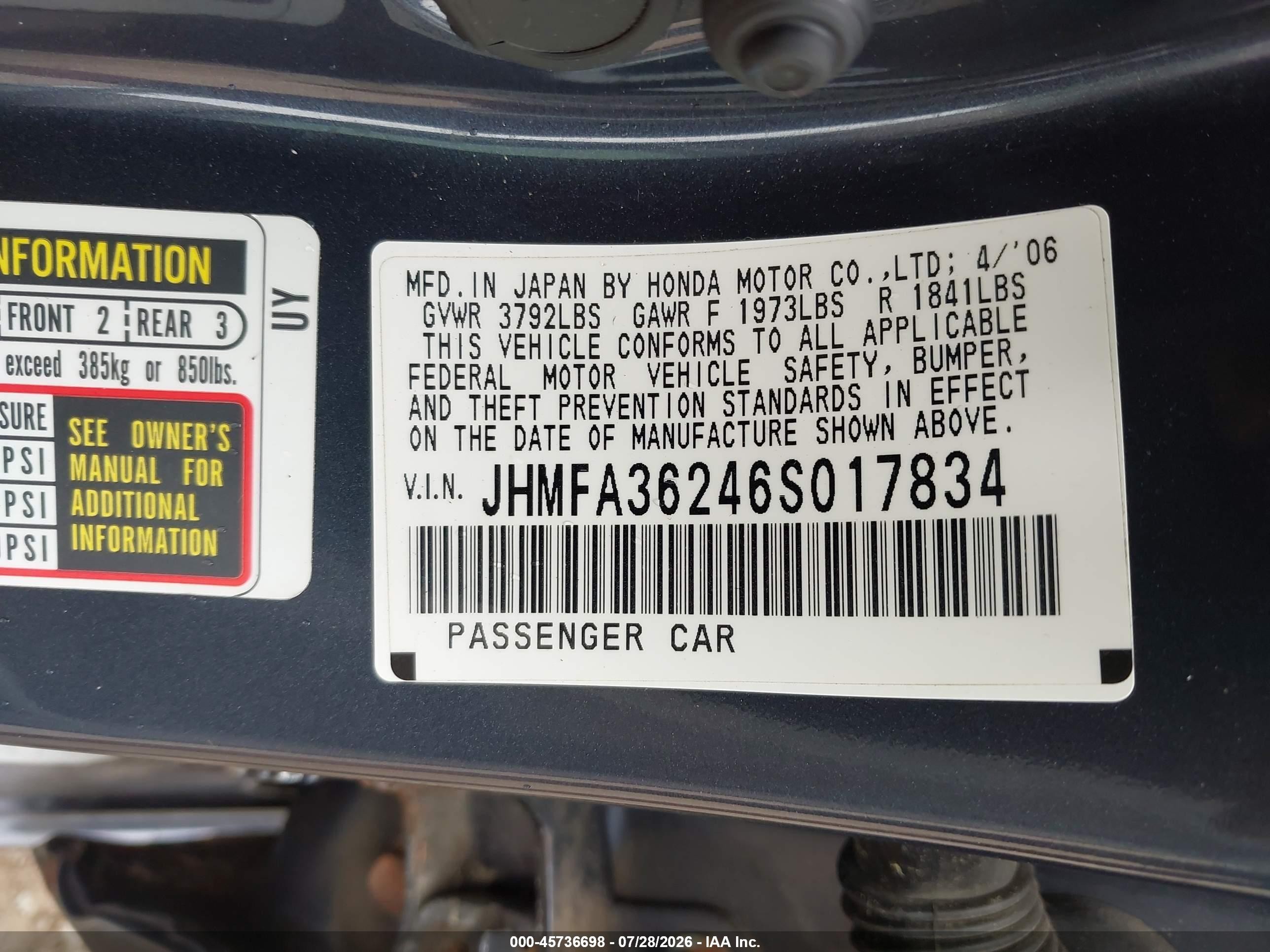 2006 Honda Civic Hybrid   Gray vin: JHMFA36246S017834