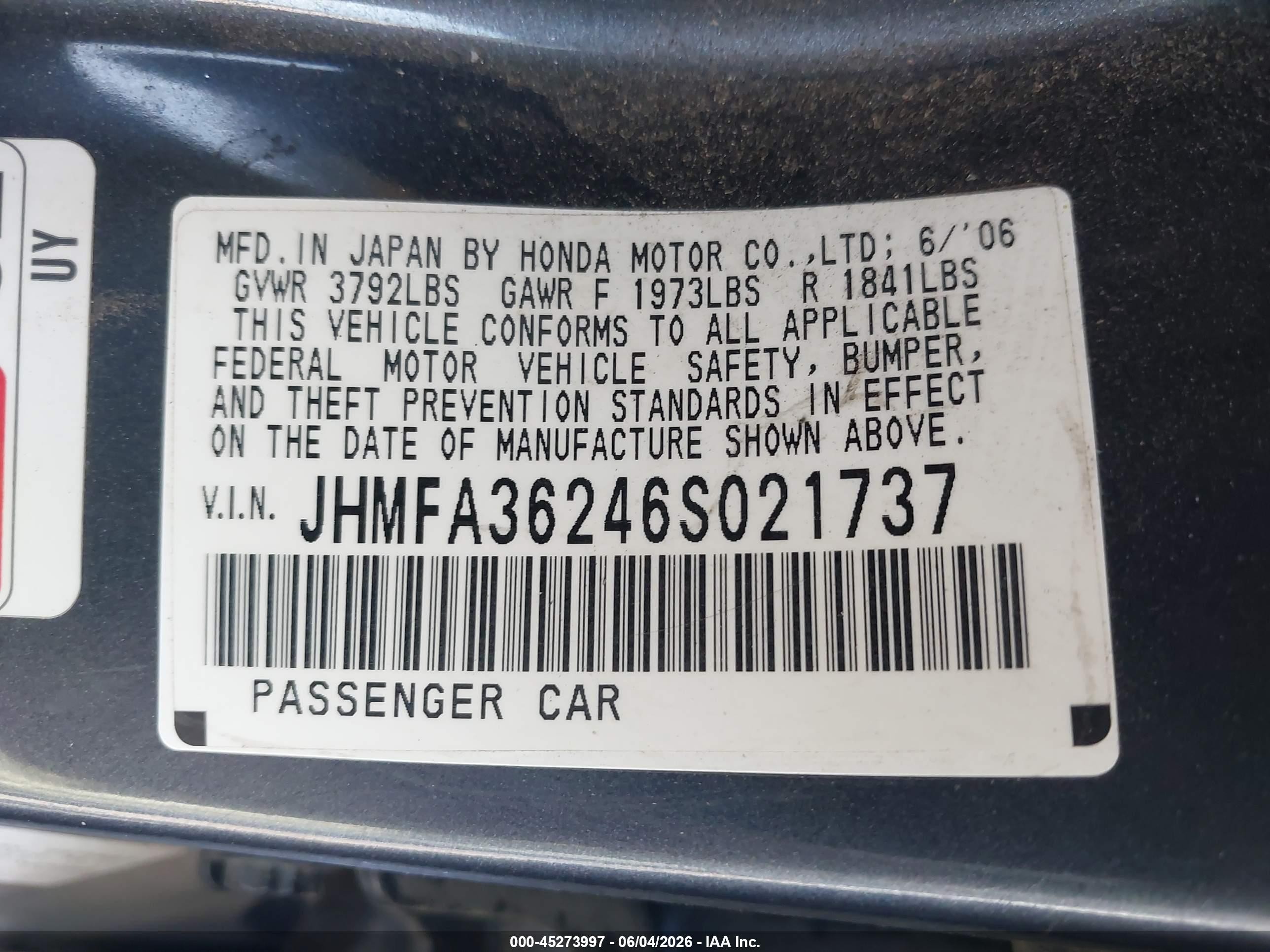 2006 Honda Civic Hybrid   Gray vin: JHMFA36246S021737