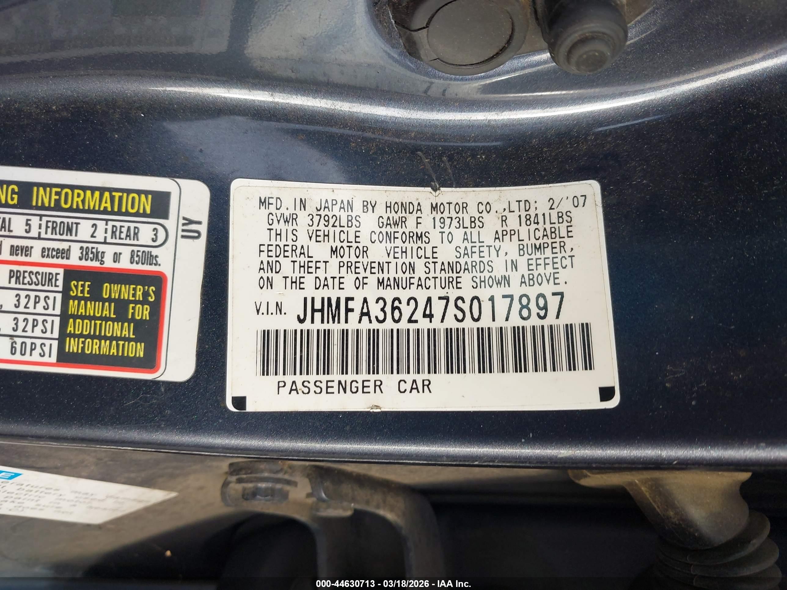 2007 Honda Civic Hybrid   Gray vin: JHMFA36247S017897