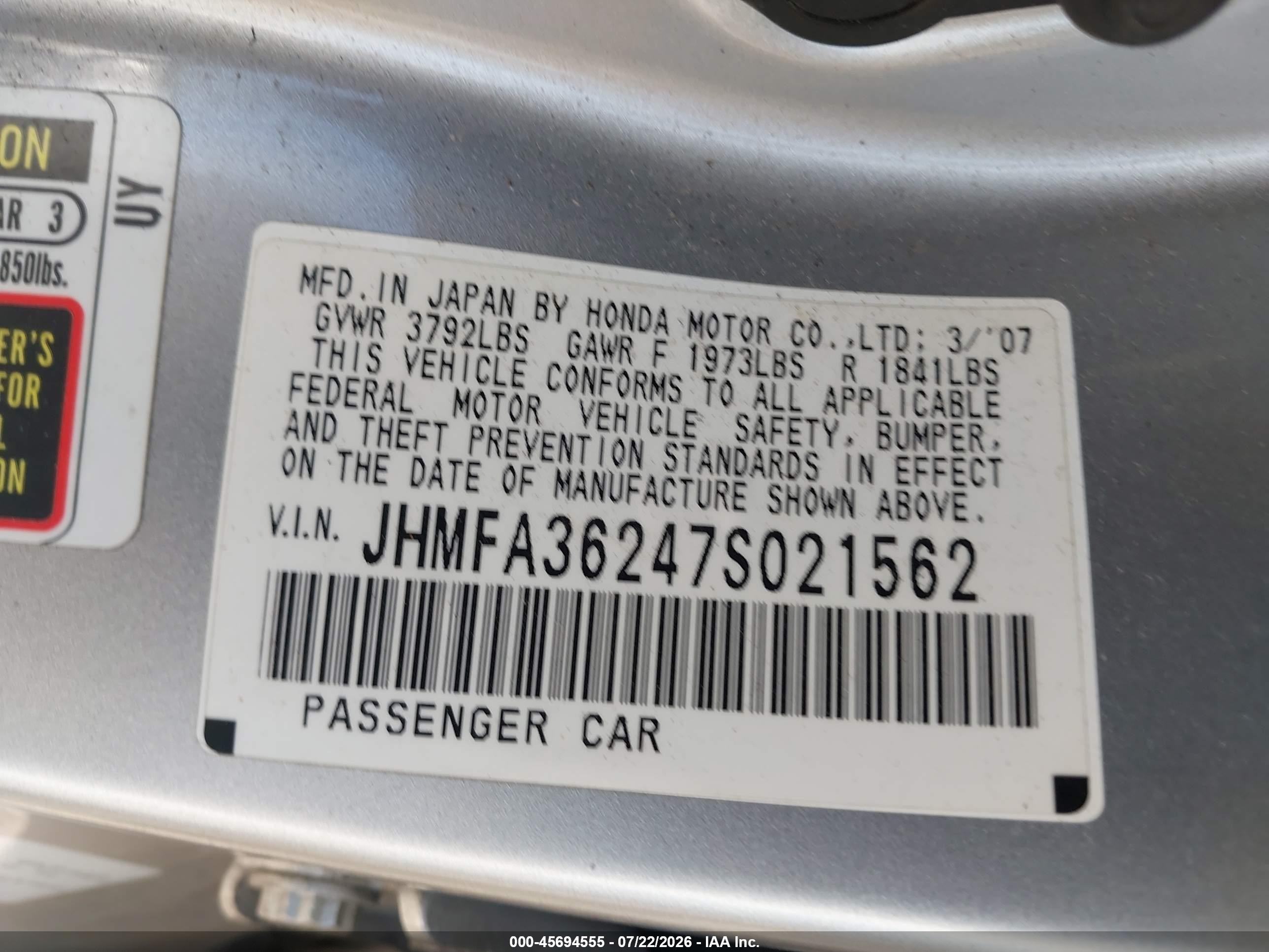 2007 Honda Civic Hybrid   Silver vin: JHMFA36247S021562