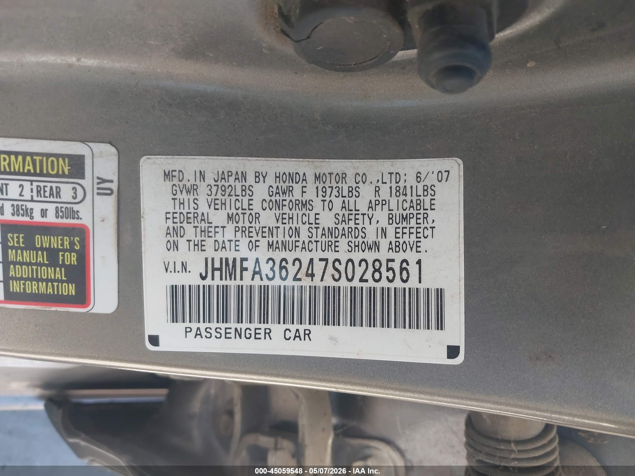 2007 Honda Civic Hybrid Champagne vin: JHMFA36247S028561