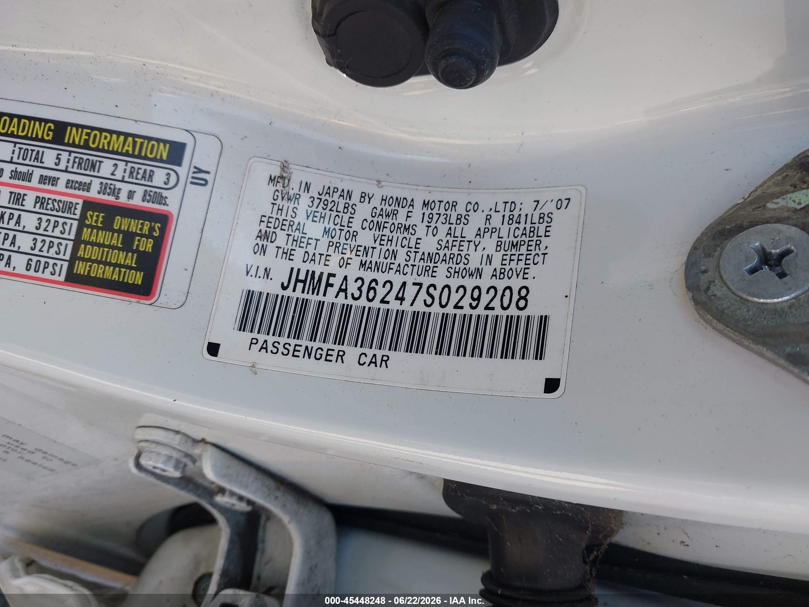 2007 Honda Civic Hybrid   White vin: JHMFA36247S029208