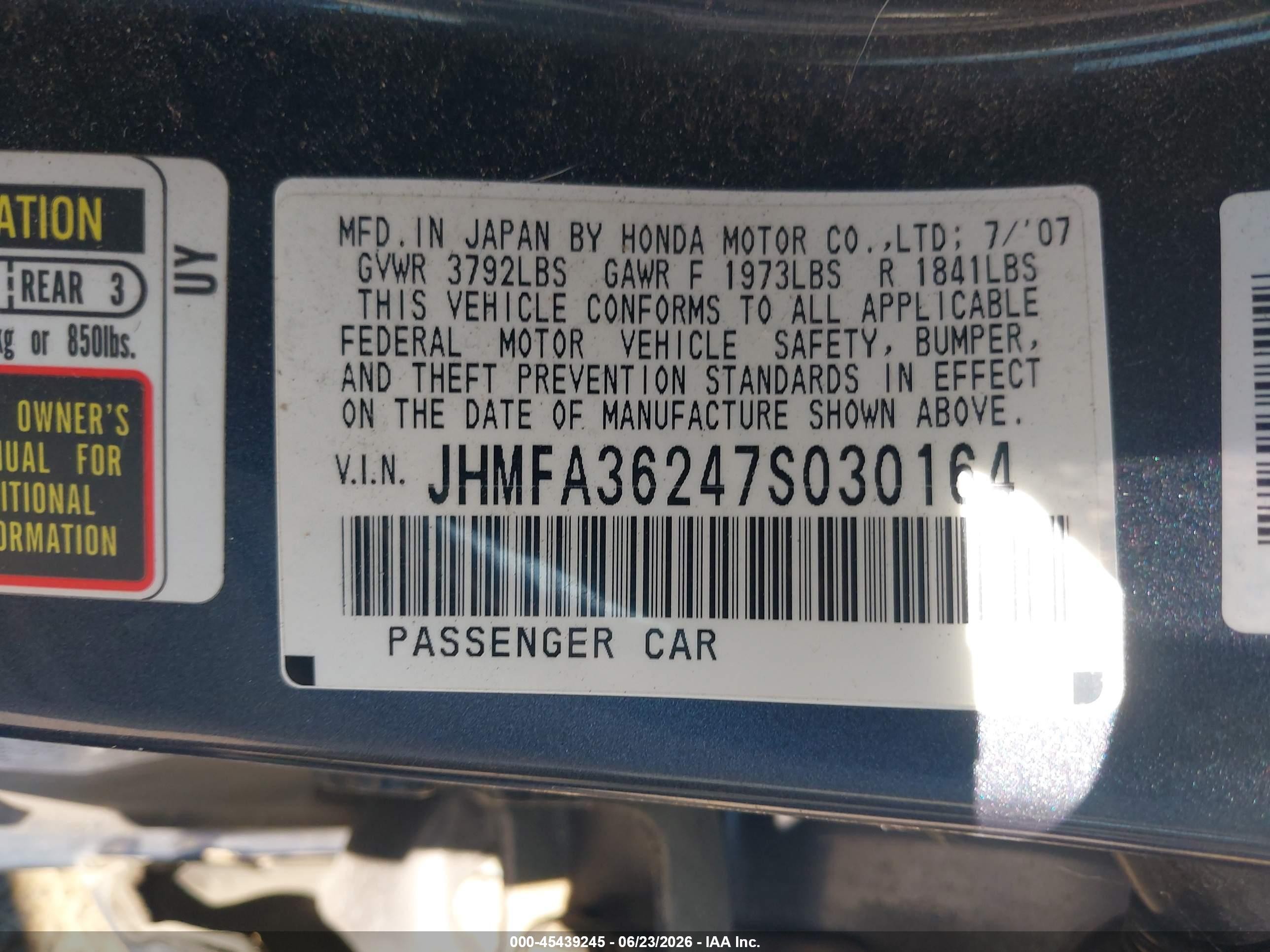 2007 Honda Civic Hybrid Gray vin: JHMFA36247S030164