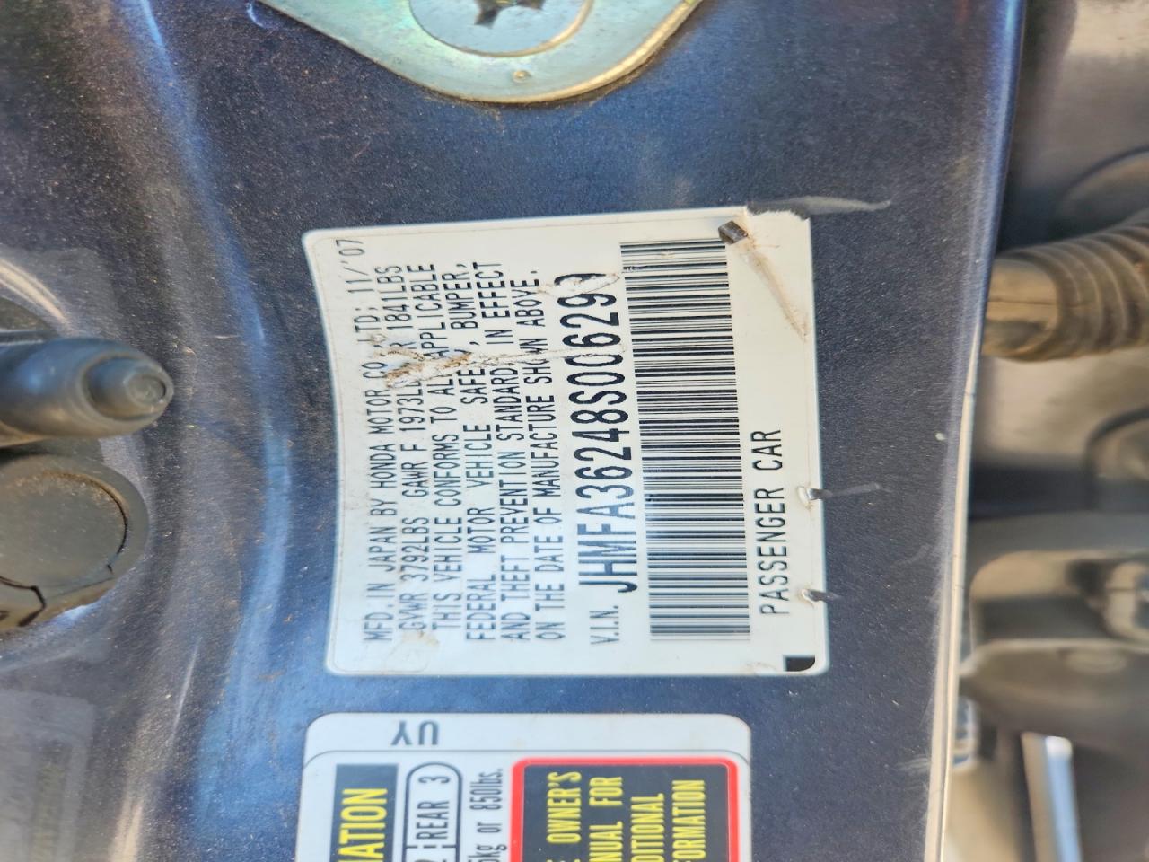 2008 Honda Civic Hybrid Blue vin: JHMFA36248S006299